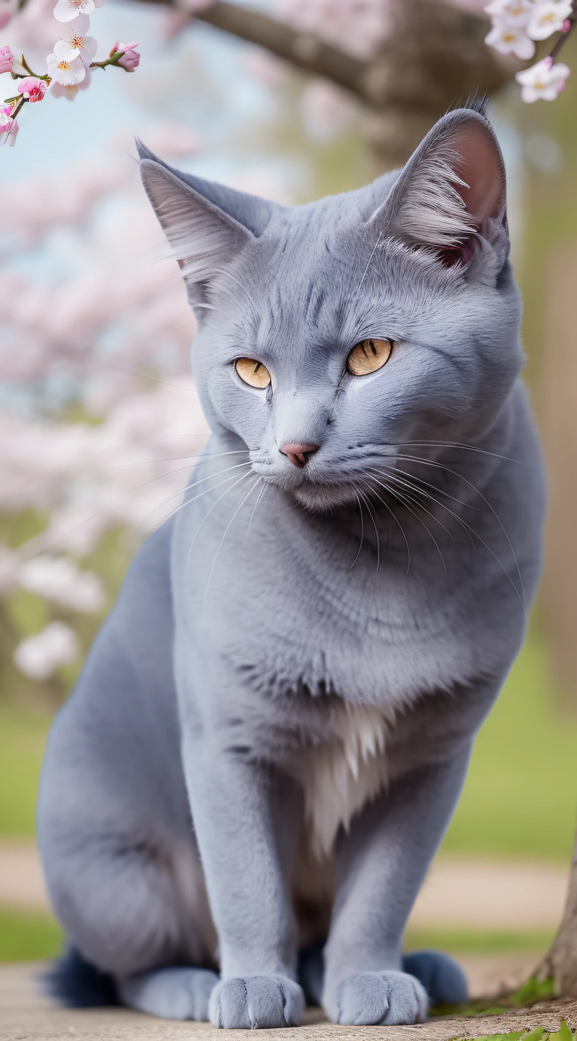 A Russian Blue with smoky blue fur is sleeping under a cherry blossom tree, basking in the dazzling spring sunshine. Its quiet demeanor captures the serene afternoon of spring."