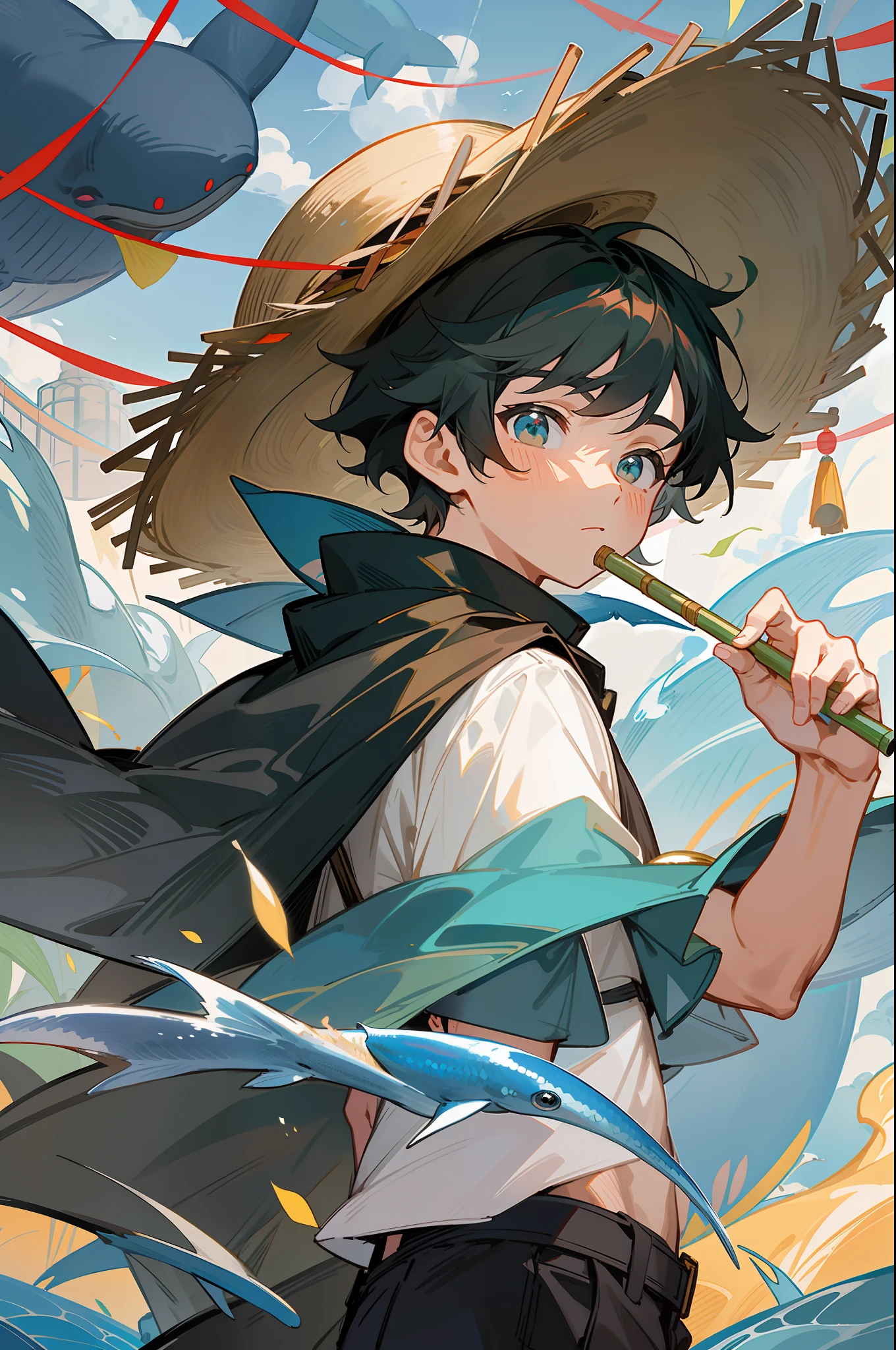 The black-haired male pupil, a little boy, short-sleeved shorts, wearing a long cape, a straw hat with two streamers and countless wind chimes, and a green flute sits on the back of a huge whale made of water, leading more fish behind him