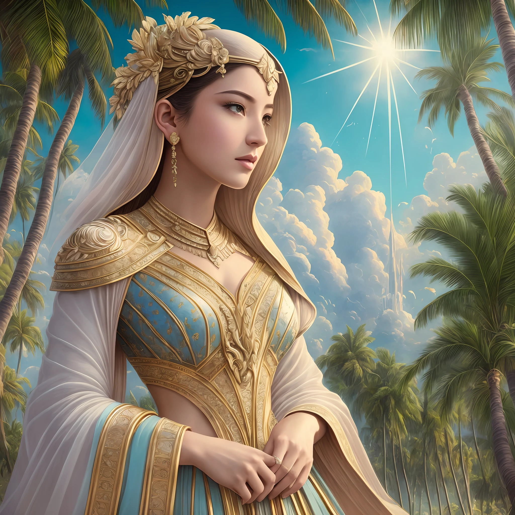 ((best quality)), ((masterpiece)), ((realistic drawing)), ((perfect character)) Dream cloud, clear sky and bright sun in the background, carved palm trees, fusion of Renaissance aesthetics and Star Trek elements, subtle pastel color palette, intricate and elegant fashion costumes, highly elaborate details, surrealist atmosphere, exceptional digital painting by Greg Rutkowski, captivating concept art, sharp focus, amazing illustration, eye level, scenic, masterpiece --auto --s2