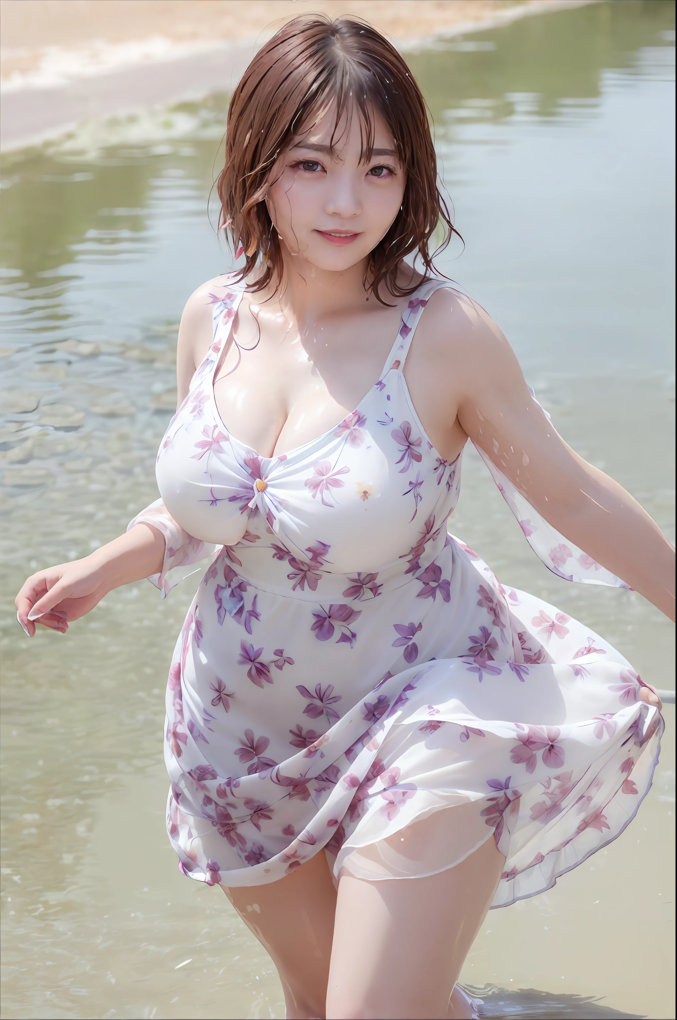 (skin spots:1.2), (skin dents), black eyes, 1 mature woman, male 25 years old, (((female)))), Solo,Realistic, Best quality, Photorealistic, Masterpee, 8k, Hi-Res, Solo, Very detailed face, (Professional lighting, Bokeh), (Lens flare, Luminescent particles: 0.6), (Dynamic Pose: 1.9), Soft, fashionable and trendy atmosphere, Japan, street, urban, tokyo, port, ((daytime)), sky, ((view viewer:1)), (look at camera),(portrait:0
.6), luxury, keeping the original facial proportions, broad shoulders, whole body, ((((cleavage)))), (plump body))), (saggy breasts), (huge breasts)), (protruding plump breasts)))), (dense fleshy breasts))), (short hair), brown hair, floating hair, lips, lipstick, seductive smile, floating hair, braided hair, ((wet hair))), smile, open_gura, dentition, (((((wet and see-through floral long dress))),((Top quality, 8k, masterpiece: 1.3))), (((lower milk is milk)), eyelashes, kuroko, (moles under the eyes: 1), ((thighs)), (wistful expression)),