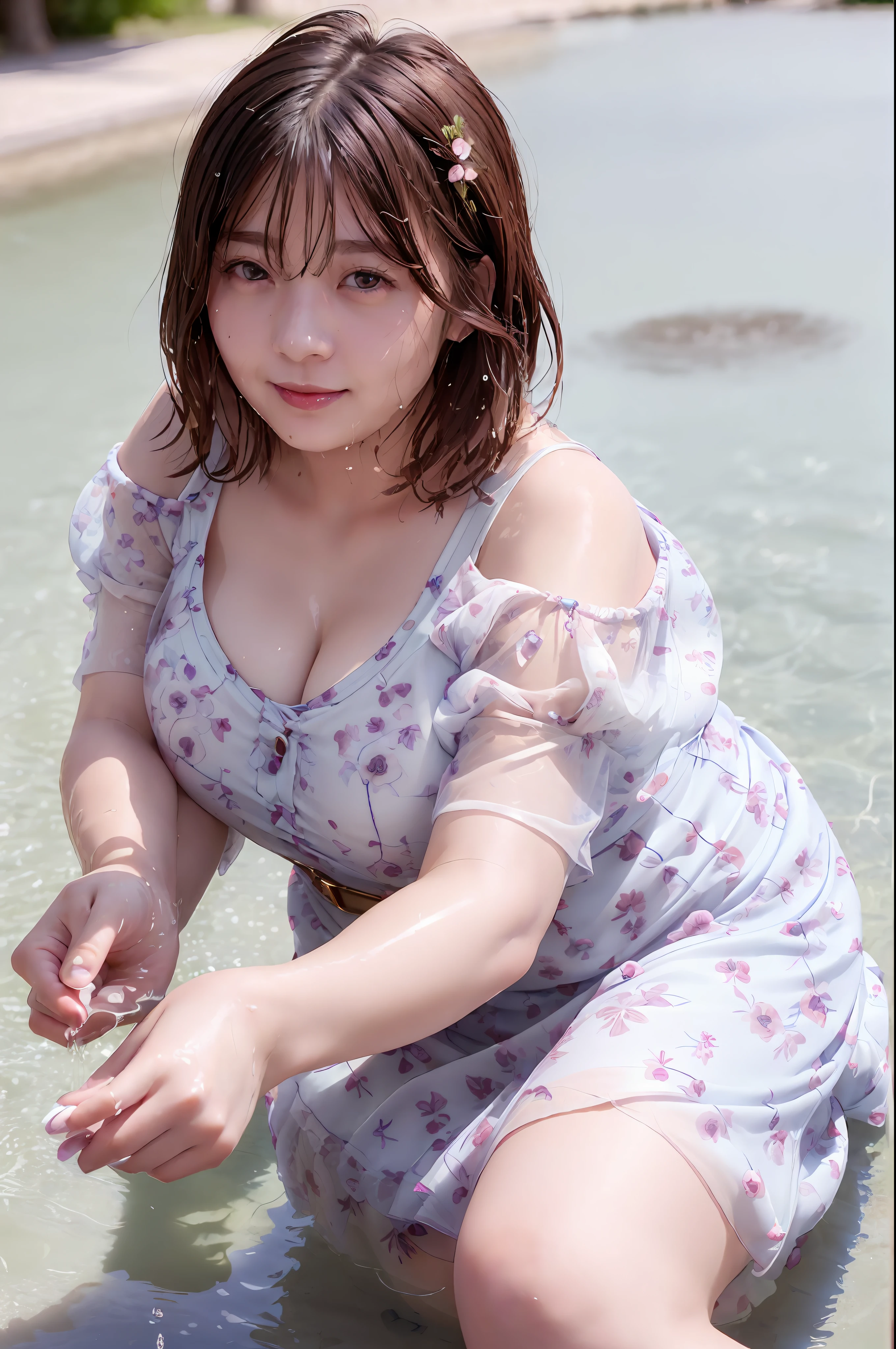 (skin spots:1.2), (skin dents), black eyes, 1 mature woman, male 25 years old, (((female)))), Solo,Realistic, Best quality, Photorealistic, Masterpee, 8k, Hi-Res, Solo, Very detailed face, (Professional lighting, Bokeh), (Lens flare, Luminescent particles: 0.6), (Dynamic Pose: 1.9), Soft, fashionable and trendy atmosphere, Japan, street, urban, tokyo, port, ((daytime)), sky, ((view viewer:1)), (look at camera),(portrait:0
.6), luxury, keeping the original facial proportions, broad shoulders, whole body, ((((cleavage)))), (plump body))), (saggy breasts), (huge breasts)), (protruding plump breasts)))), (dense fleshy breasts))), (short hair), brown hair, floating hair, lips, lipstick, seductive smile, floating hair, braided hair, ((wet hair))), smile, open_gura, dentition, (((((wet and see-through floral long dress))),((Top quality, 8k, masterpiece: 1.3))), (((lower milk is milk)), eyelashes, kuroko, (moles under the eyes: 1), ((thighs)), (wistful expression)),