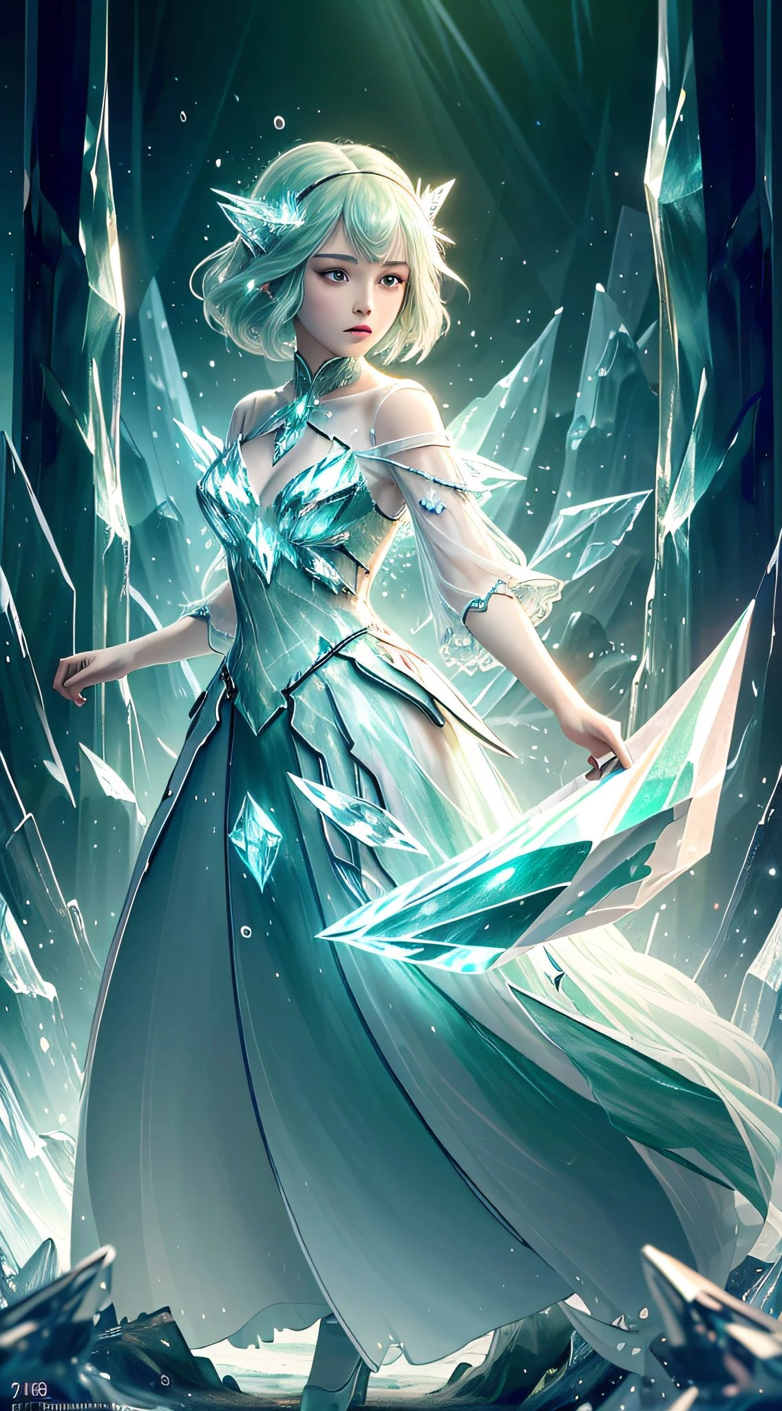 (Masterpiece, Top Quality, Best, Official Art, Beautiful and Aesthetic, Long Exposure: 1.2), Smooth Movement, Charming Patterns, 1 Girl, (Long Dress with Sleeves: 1.3), (((Green Clothes) )), upper body close-up, bare shoulders, Chinese girl, blush, black lob hair, portrait, solo, upper body, looking at the observer, detailed background, detailed face, (crystallineAI, crystalline theme:1.1), elemental wood elf, rotation foliage, control foliage, emerald clothing, dynamic pose, floating particles, ethereal dynamics, foliage, vapor, forest in the background, green tint, forest, ethereal atmosphere,