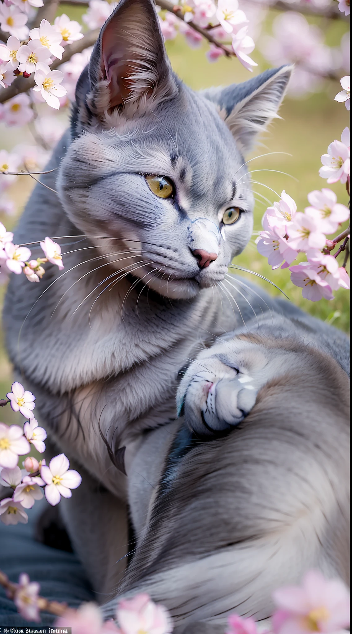 A Russian Blue with smoky blue fur is sleeping under a cherry blossom tree, basking in the dazzling spring sunshine. Its quiet demeanor captures the serene afternoon of spring."
