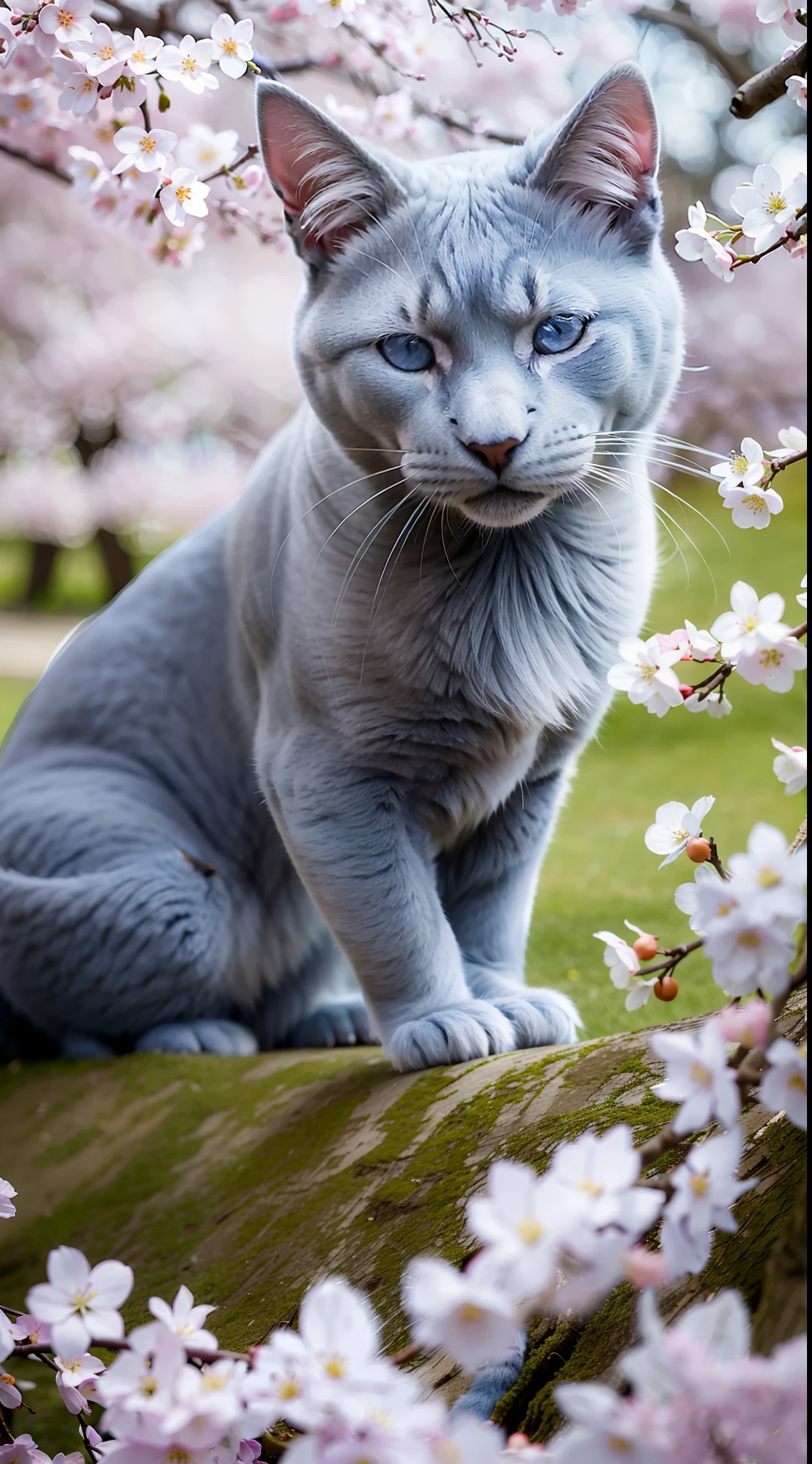A Russian Blue with smoky blue fur is sleeping under a cherry blossom tree, basking in the dazzling spring sunshine. Its quiet demeanor captures the serene afternoon of spring."