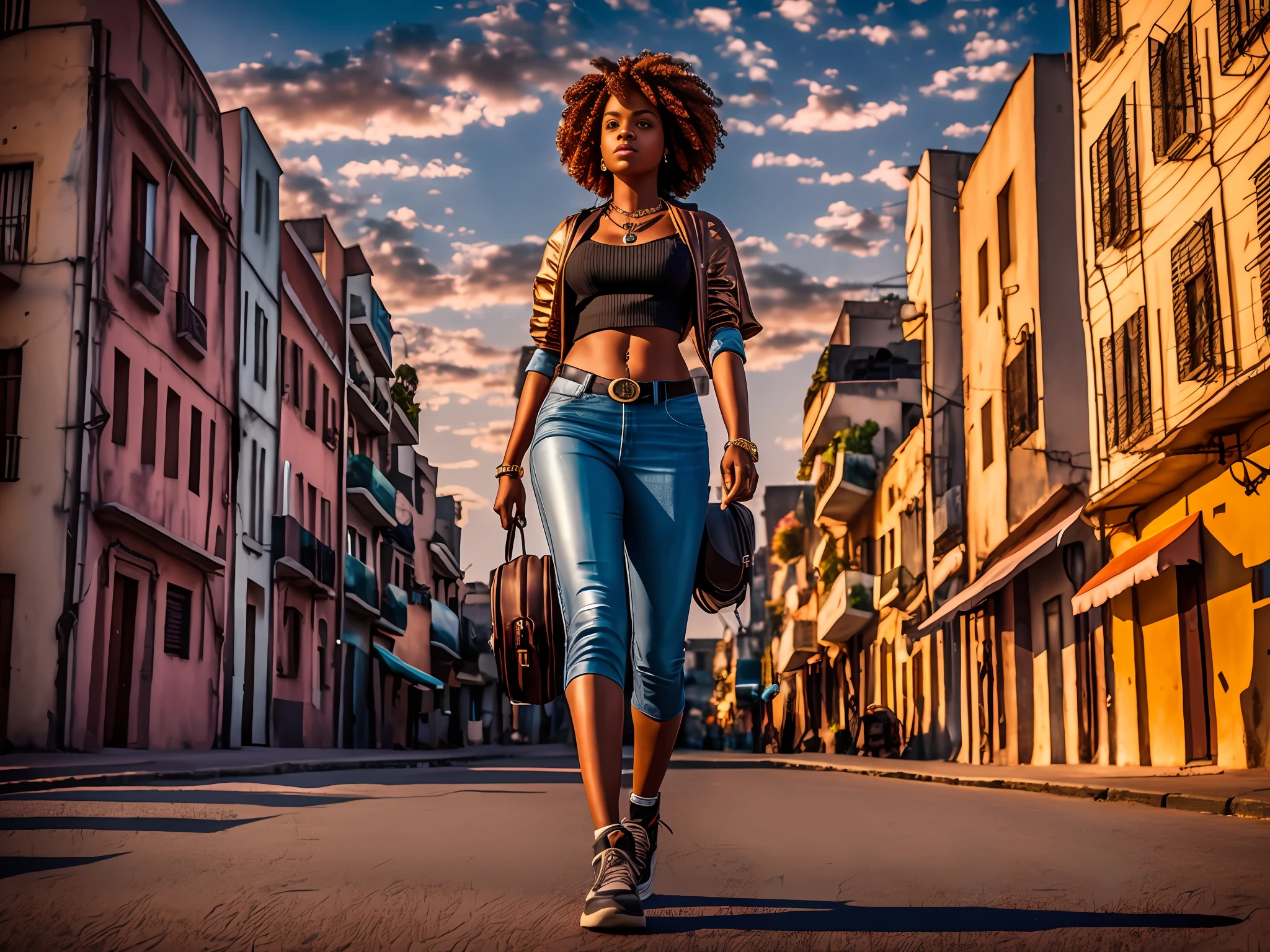Uma mulher caminhando , full body shot, cgi, dslr, fantastic realism, city background, casual outfit, bronzepunk, black woman, 3d, cinematic, golden hour