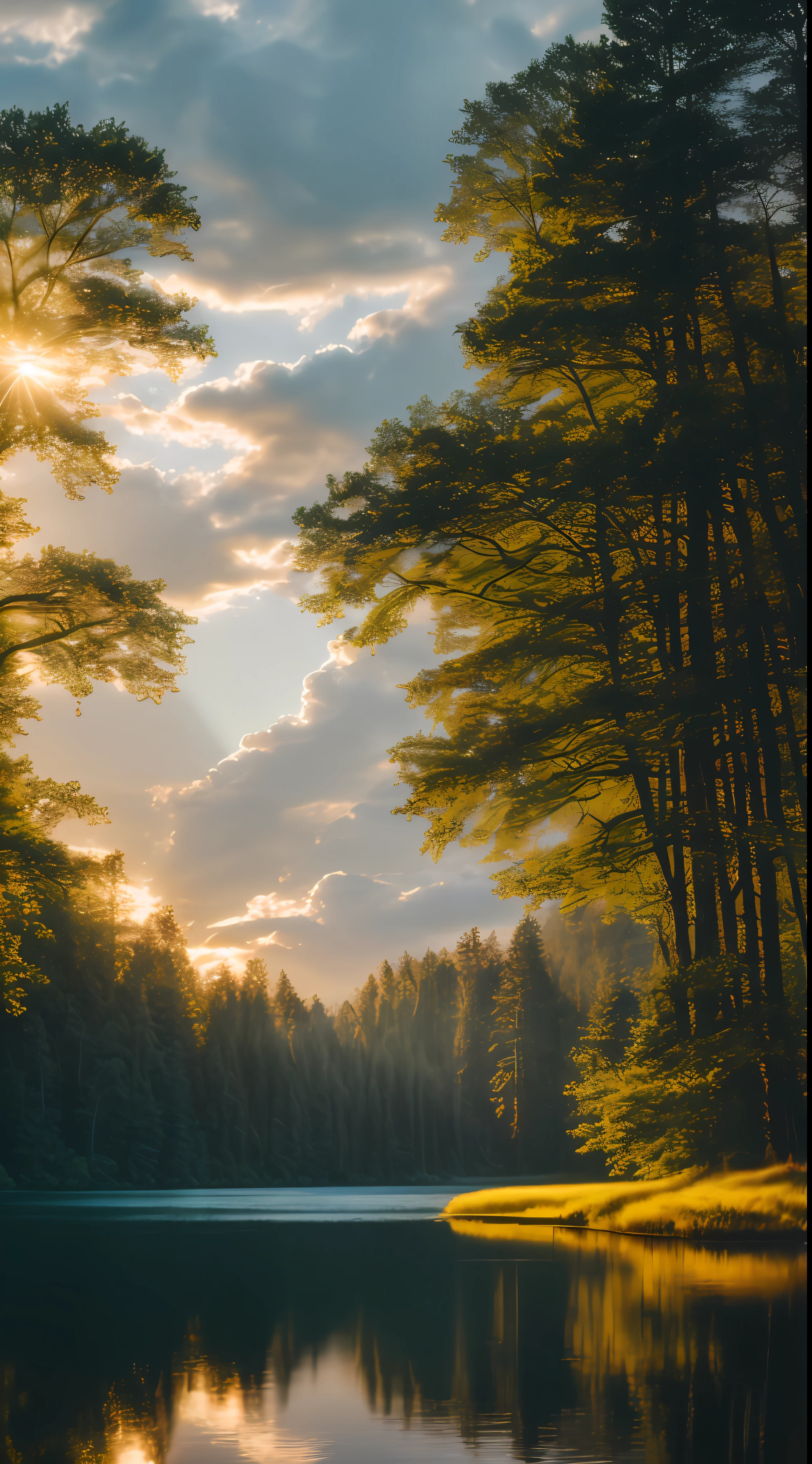 wallpaper, summer, lake, dawn, forest, detailed forest, clouds, masterpiece, cinematic, soft light, depth of field, ray tracing, forest