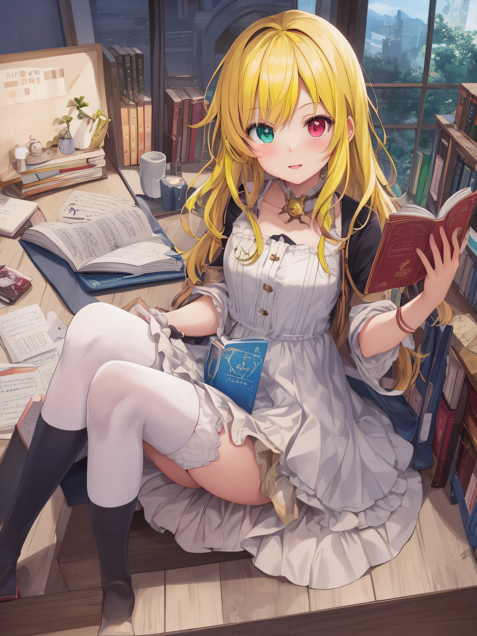 Anime girl sitting in library reading a book, blonde, heterochromia, epic light novel art cover, light novel cover, little curvaceous loli, splash art anime loli, alchemist girl, epic light novel cover art, best anime 4k konachan wallpaper, 4k manga wallpaper, little li girl, anime!4 km, anime!4 kilometers race