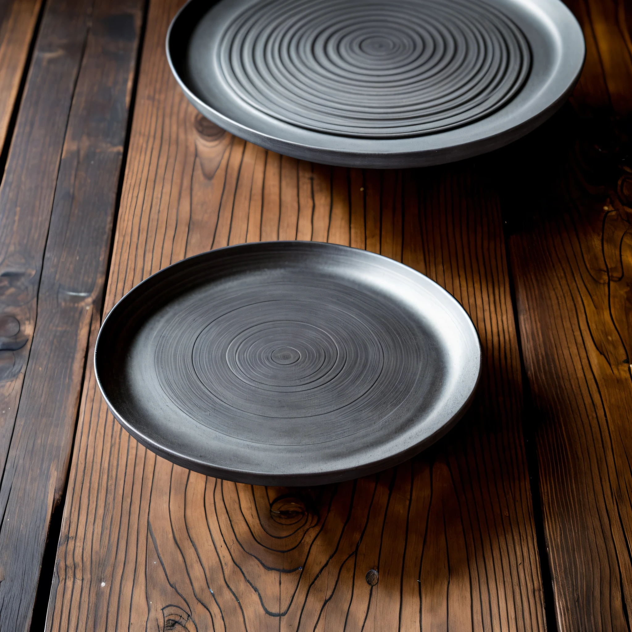 Gray round plate on old black wooden table, long focal, front