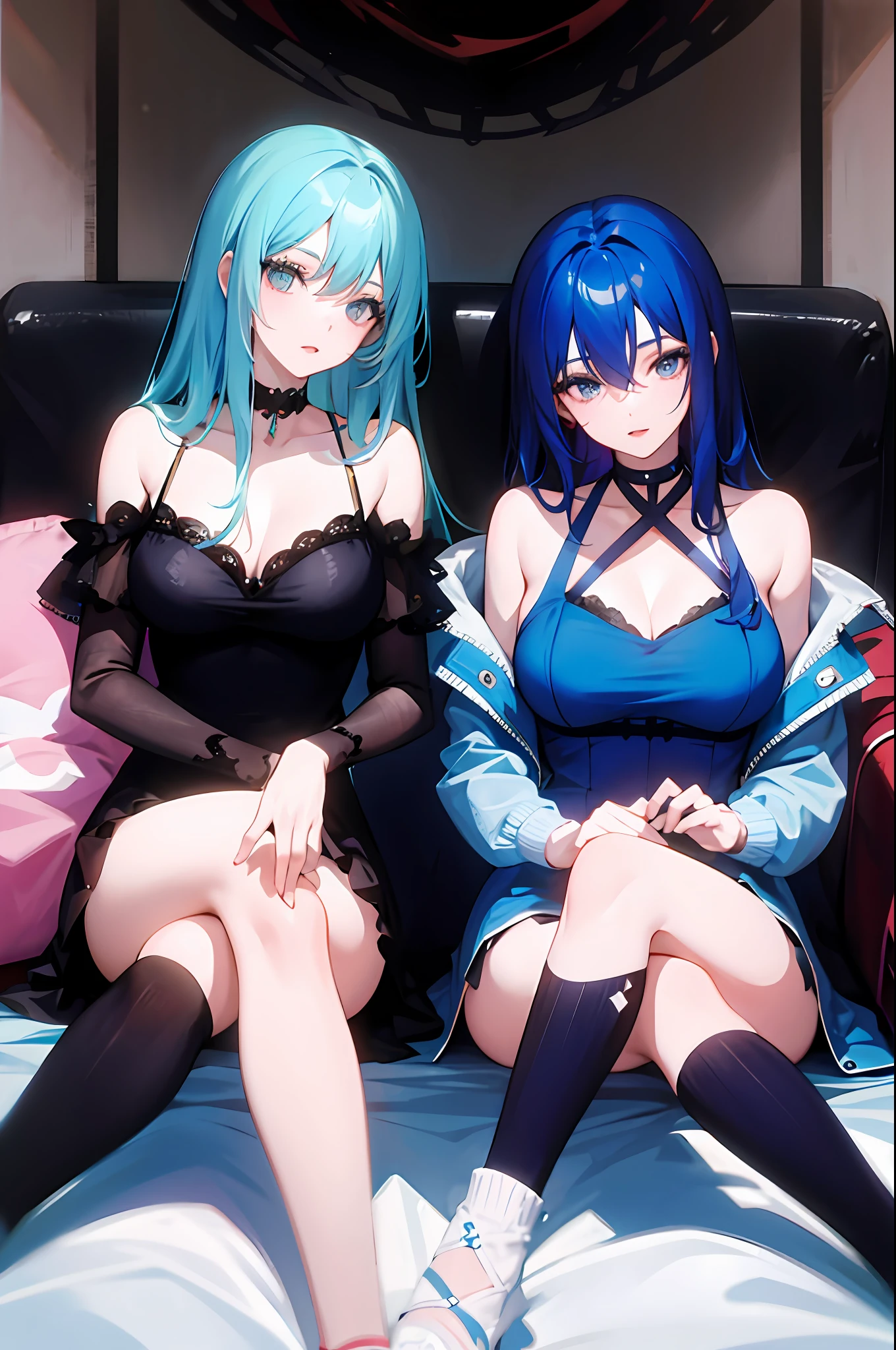 2 girls, 29 years old, twins, blue haired, the first lying on a couch and the second lying with her head between the legs of the first