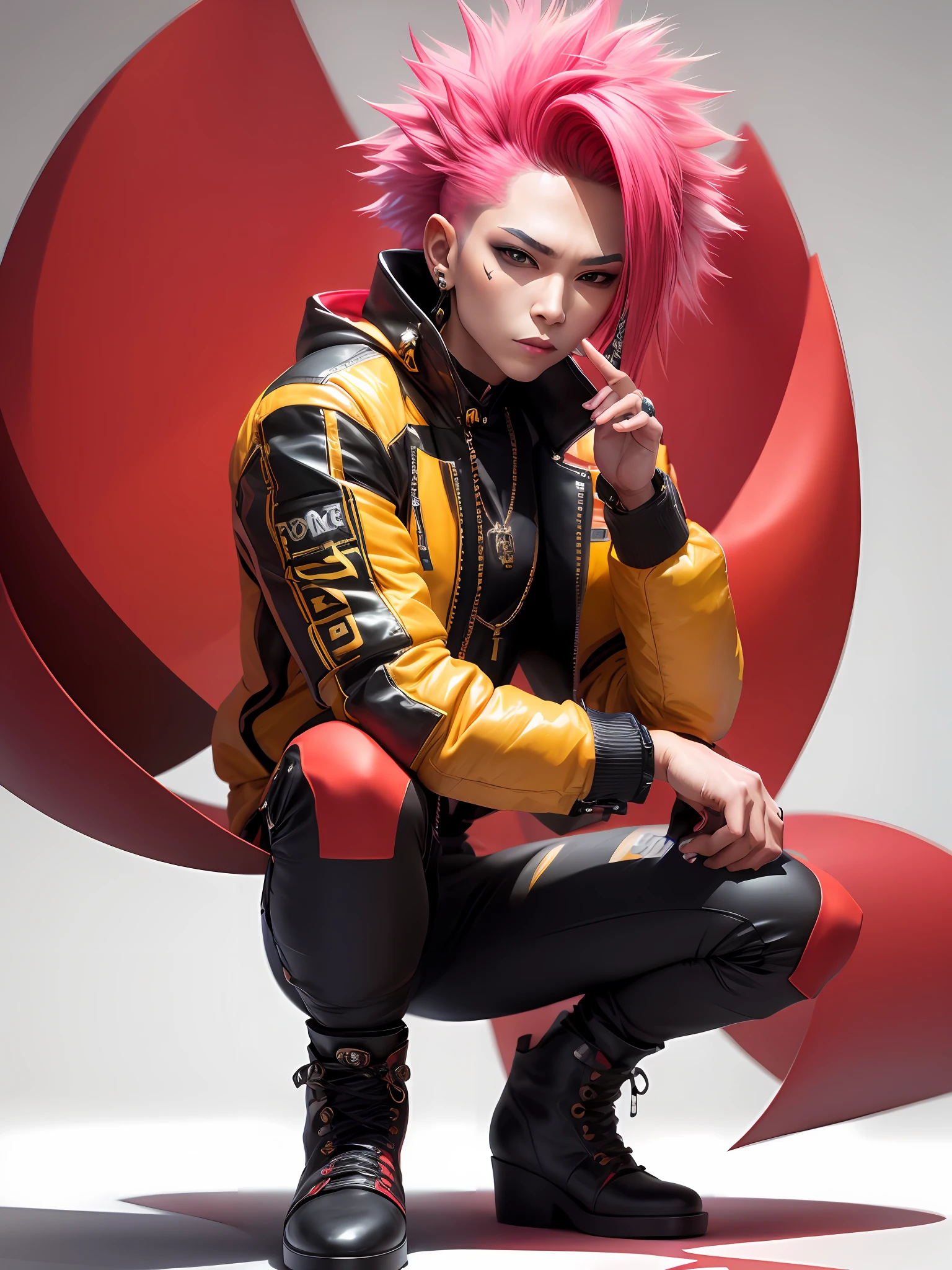 official art, unity 8k wallpaper, ultra detailed, beautiful and aesthetic, masterpiece, best quality, Hideto Matsumoto, solo, 1boy, male_focus, multicolored hair, red hair, squatting, looking at viewer, simple background, white background, full body, long sleeves, lips, pink hair, gloves, brown eyes, yellow bodysuit, short hair, yellow pants, closed mouth, boots, jacket, spiked hair, yellow jacket, pants, male focus, shoes, red footwear, perfect skin, beautiful face, good proportions, good anatomy, volumetric lighting, (highest quality, award winning, masterpiece:1.33)