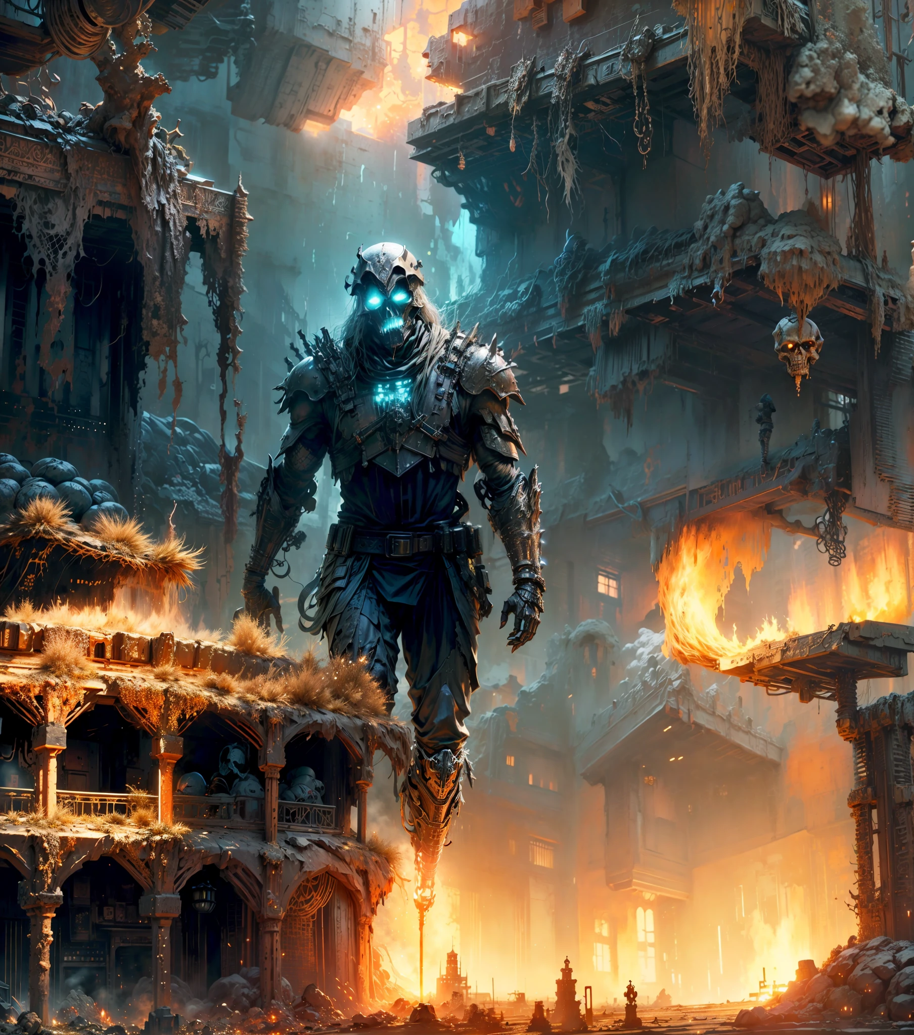 Fantasy realism, apocalyptic ghost rider in a desert ruin, photoshot from below, metal skull, cyber plate armor, (dark atmosphere:1.2), (fog & smoke), (dark night:1.3), scars, (dark medium length disheveled hair:1.1), (eyeshadow:1.1), (beautifully detailed glow:1.2), (Cinematic lighting), intricate detail, highres, sharp focus, smooth, aesthetic, detailed bright desert background,