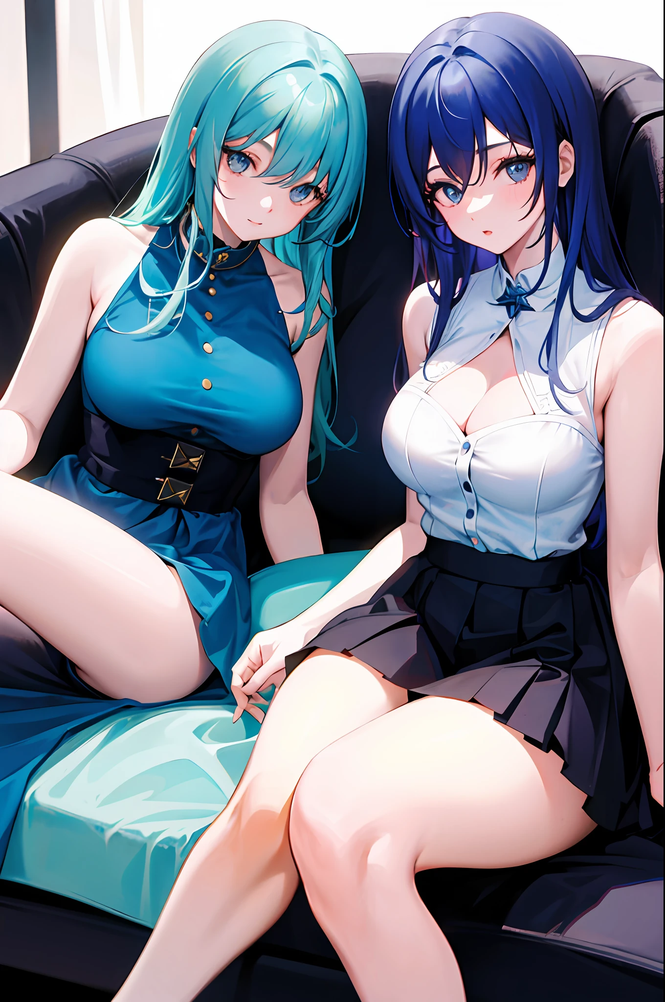 2 girls, 29 years old, twins, blue haired, the first lying on a couch and the second lying with her head between the legs of the first