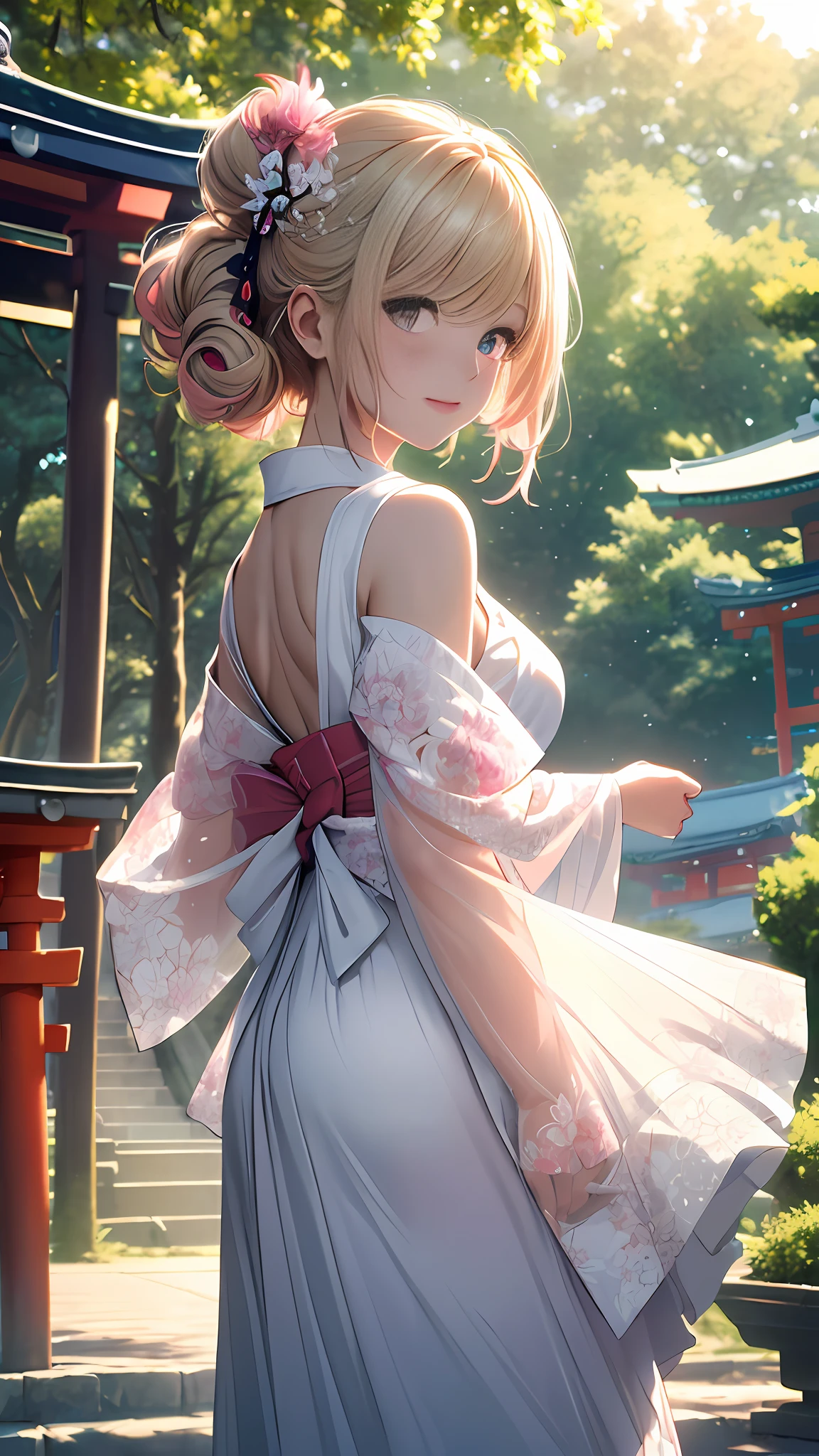 A stunning June bride in her black wedding gown looking back with ((joy)), true to life image, 1 girl, solo, Layered Bob, (Blonde and Pink Hair), Purple Clear Eyes,(Highest picture quality), (master's work), (realistic), ((extremely detailed CG unity 8k)), (((masterpiece))), (((ultra-detailed))), (best quality:1.4), (cinematic lighting), (illustration), (beautiful detailed eyes), (hyper intricate fine detail), (Highest picture quality), (master's work), (top quality), (beautiful and aesthetic), (front of japanese shrine), floating dress, (floating hair), (outdoors), (beautiful sunlight),butterfly pattern