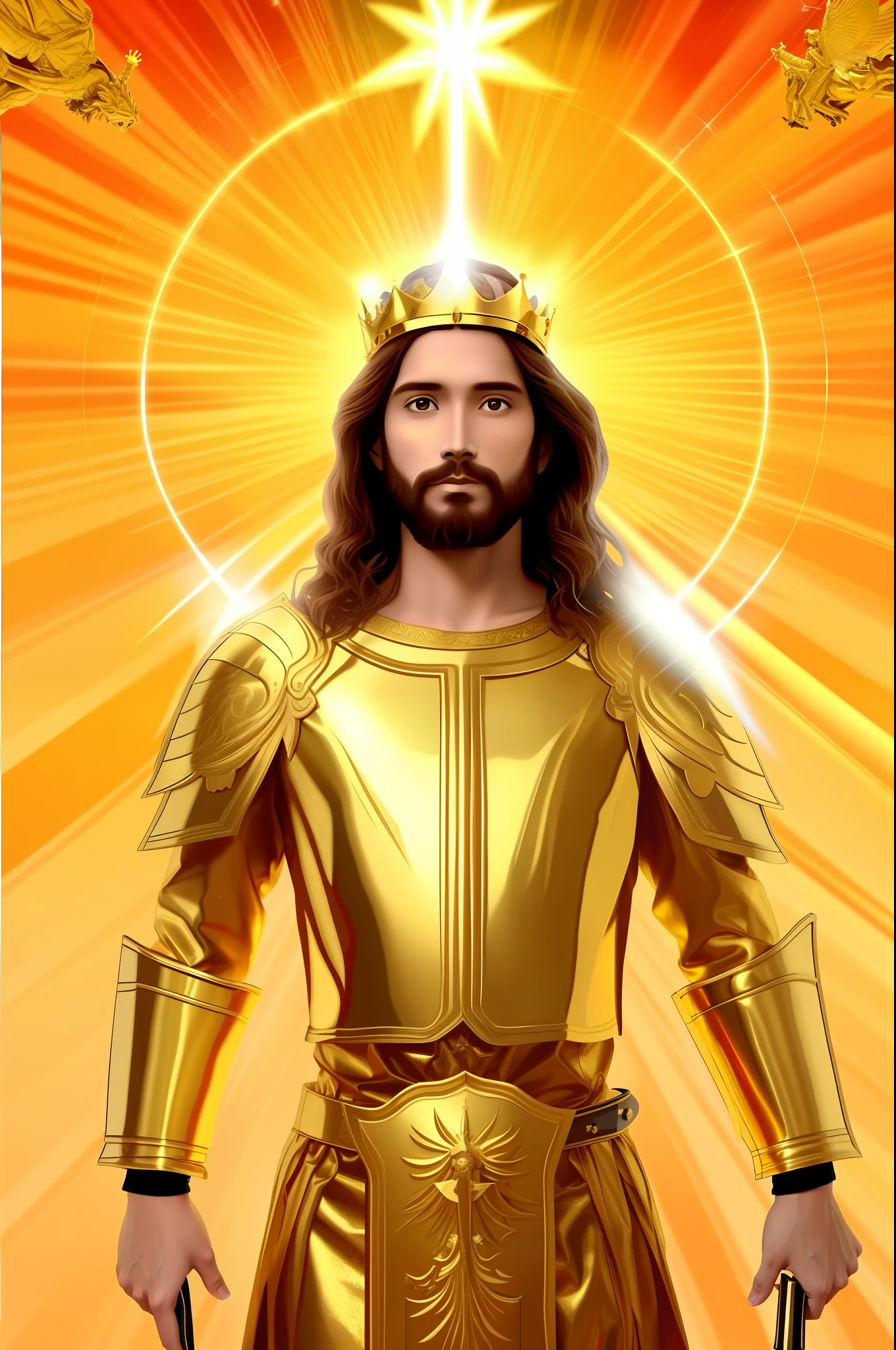 Create an image of Jesus descending from heaven in golden heavenly armor and a large golden crown and a sword and all mankind worshipping Him