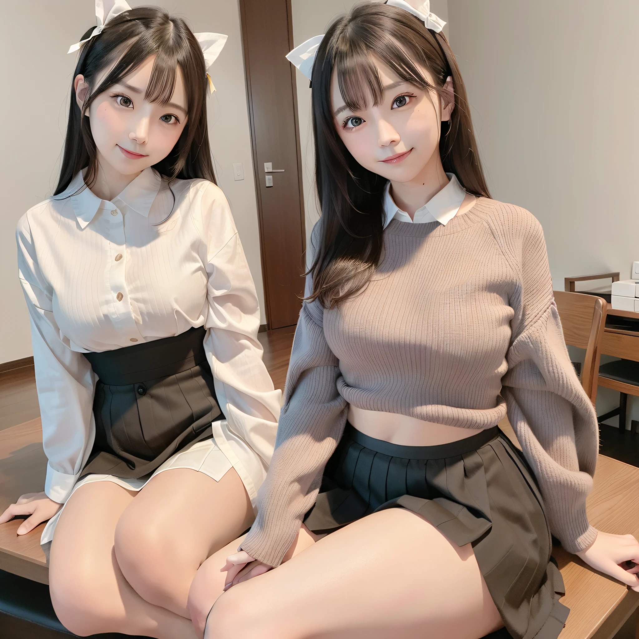 Araffe Japanese model, head tilted, smiling, blouse with ribbon, skirt with slits, visible navel, small waist, wide thighs, large thigh opening, one thigh raised, legs apart, sitting on chair in coffee, high detail, 8k, super detail, highres, best quality, high quality, high details, textured leather, masterpiece