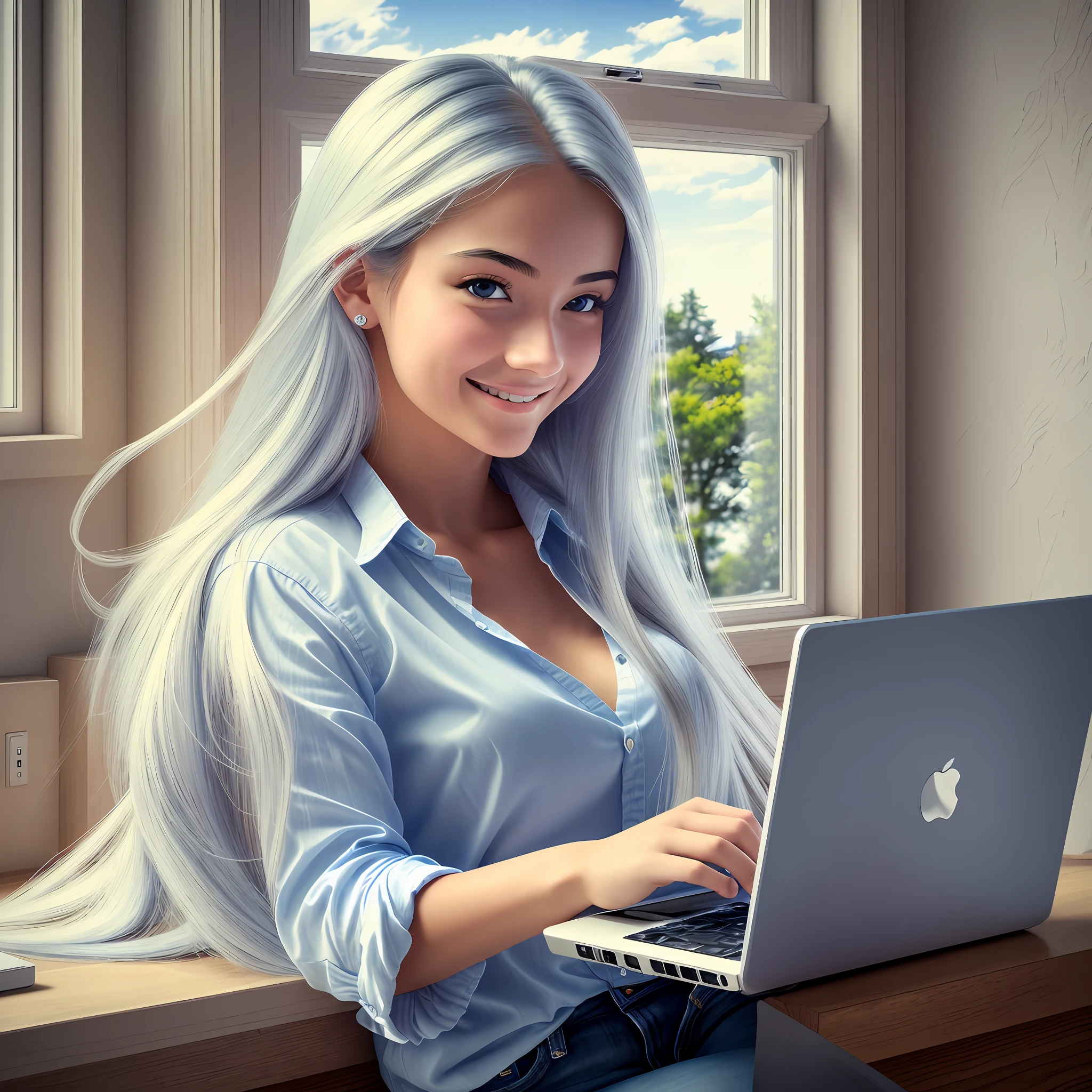 8K, best quality, (masterpiece: 1.2), super details, nice girl, smiling, happy. happy. At home. flowing hair. using a computer. looking at the computer. independent, window with beautiful details of the sky, flowing hair, black hair. long hair. white shirt. blue jeans. --auto --s2