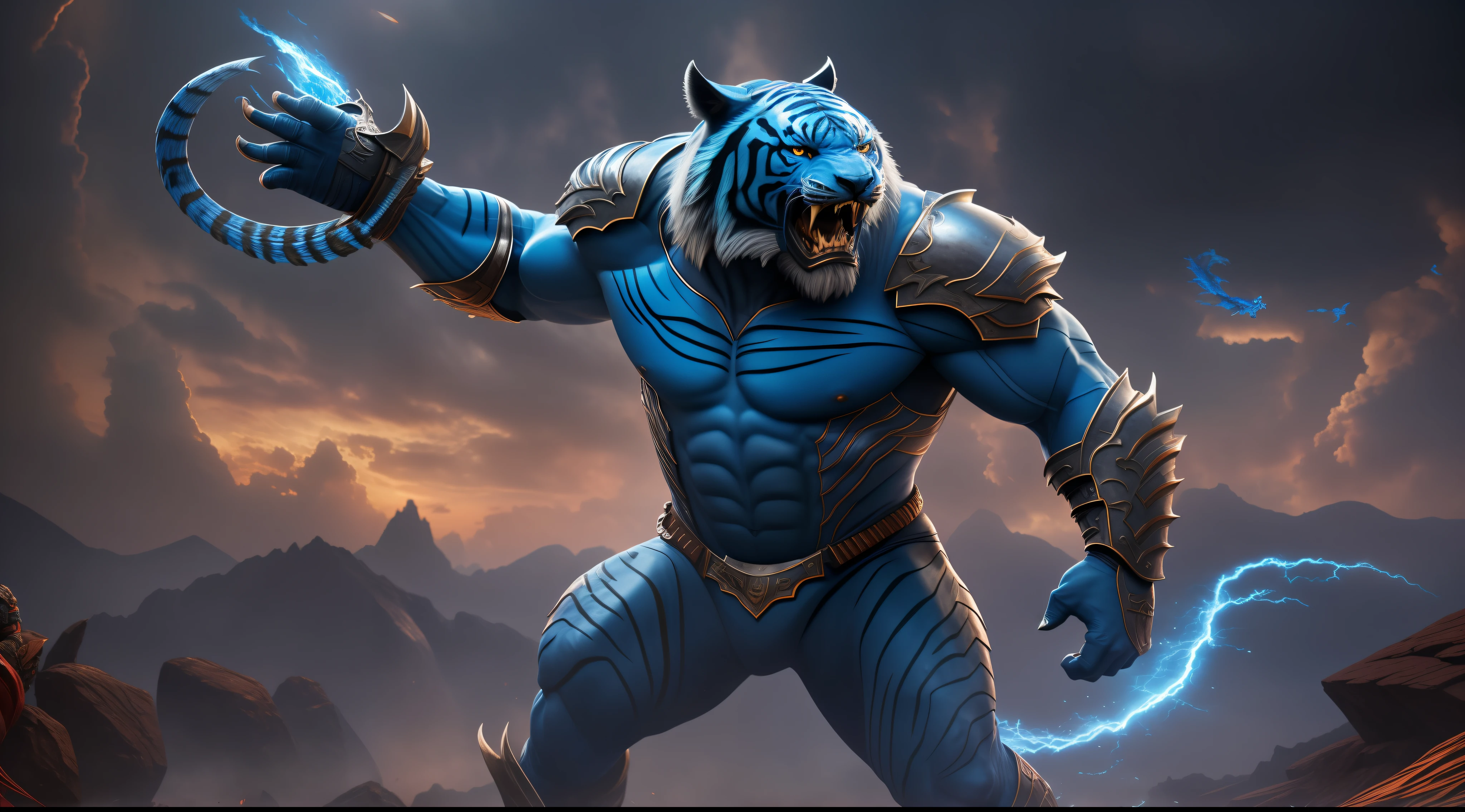 The description is of a muscular blue man with a tiger head, image of the man in 3d, depicted hyper-realistically in a full-body image. He is wearing an imposing red dragon armor. The surrounding scenery is war, creating an intense and dramatic atmosphere., high detail, speed lines, 360 view, cinematic lighting, Surrealism, Futurism, Ultra-Wide Angle, 8k, UHD, retina, anatomically correct, high quality, award winning, highres, 16k, 8k, UHD, retina, anatomically correct, high quality, award winning, highres