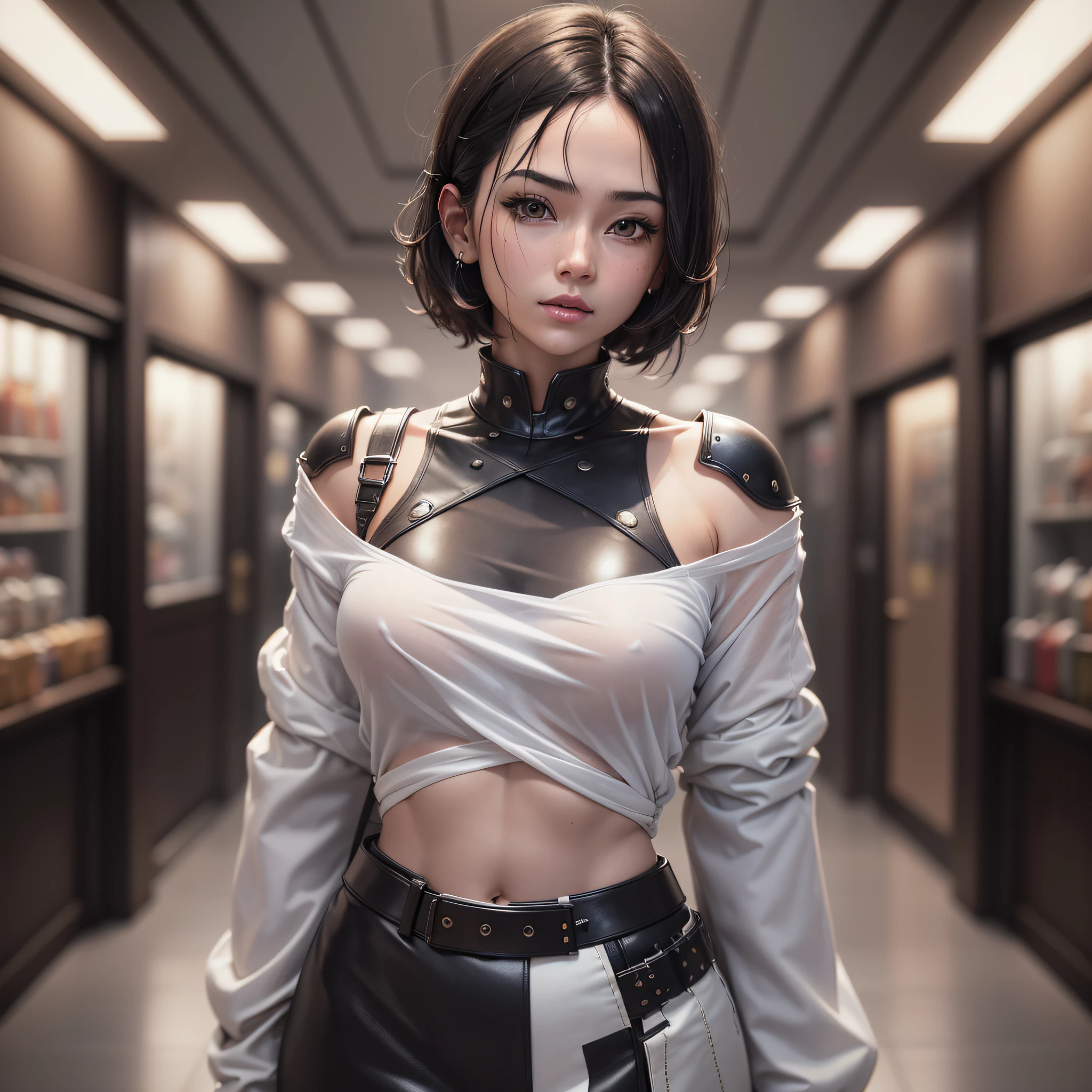 Iverpunk, Sci-Fi, Fantasy, Kodak Portra 400, 8K, Soft Light, Volumetric Lighting, Very Detailed, Britmer Ling Style 3/4, 1girl, High Quality, High Detail Skin: 1.4, (Darkroom: 1.3), (Rim Lighting: 1.3), (Dim Lighting: 1.3), (Dark Night: 1.3), Indoors, Portrait, Black Hair, Dark Background, Short Hair, Lab + Face, The face is the most beautiful female star in Asia, complex and elegant. Highly detailed, dikital painting, art station, concept art smooth, sharp focus, illustration, art by Katsuhiro Otomo and Masamune Jo and Mamoru Oshii, global ray tracing, large aperture F10, shutter speed 200. (Telephoto lens), panorama, full body shot, realistic portrait, fisheye, movie lighting, lens flare, rim light, high detail, 8K resolution (highest quality), even higher quality, ultra high resolution, bokeh effect, metallic luster, background light, beautiful woman with perfect body: 1.4, slim abdomen: 1.2, (layered haircut, big: 1.2)), (no bra) ( Small and beautiful hard (thin moist buttons up to shirt length: 1.1), (white shirt wet from rain), (rain, street: 1.2), wet body: 1.1, --auto --s2