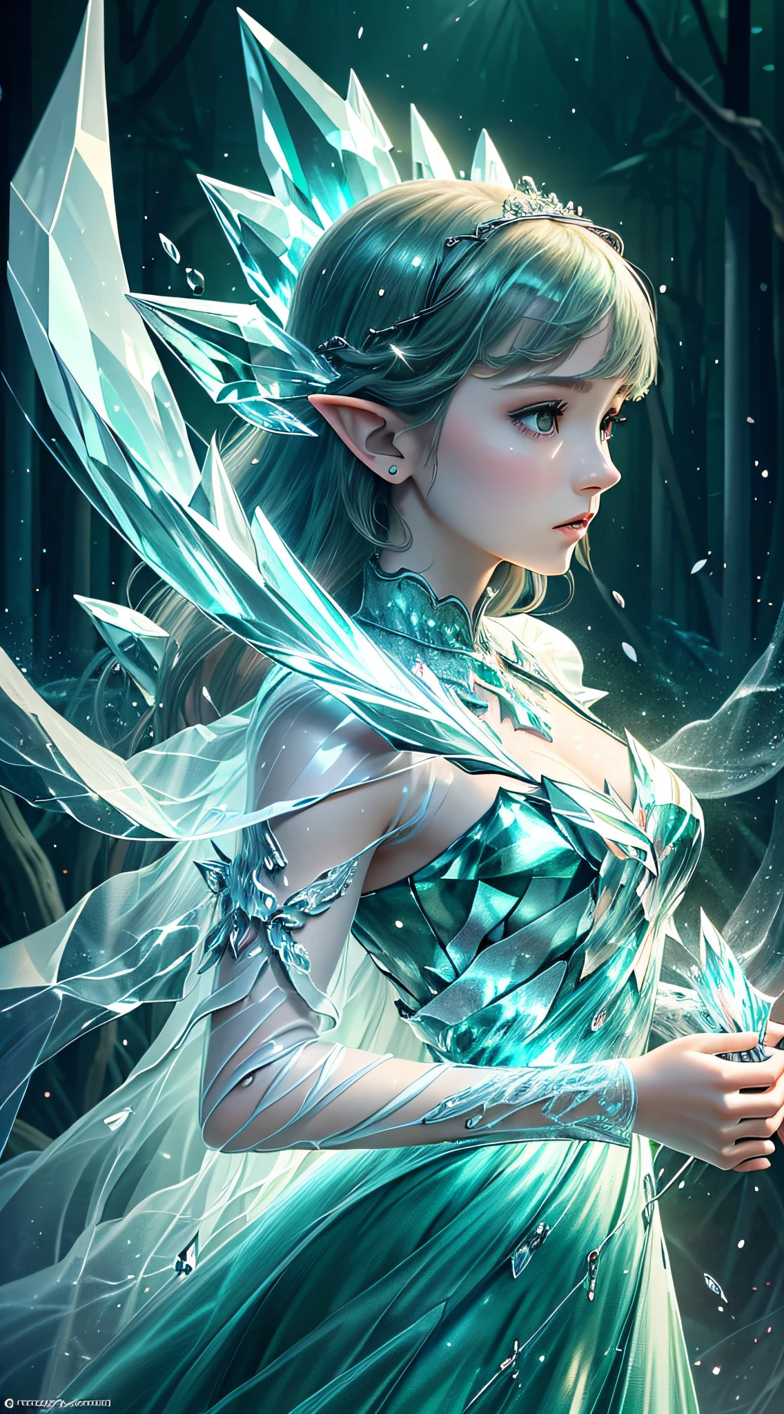 (Masterpiece, Top Quality, Best, Official Art, Beautiful and Aesthetic, Long Exposure: 1.2), Smooth Movement, Charming Patterns, 1 Girl, (Long Dress with Sleeves: 1.3), (((Green Clothes) )), upper body close-up, bare shoulders, Chinese girl, blush, black lob hair, portrait, solo, upper body, looking at the observer, detailed background, detailed face, (crystallineAI, crystalline theme:1.1), elemental wood elf, rotation foliage, control foliage, emerald clothing, dynamic pose, floating particles, ethereal dynamics, foliage, vapor, forest in the background, green tint, forest, ethereal atmosphere,