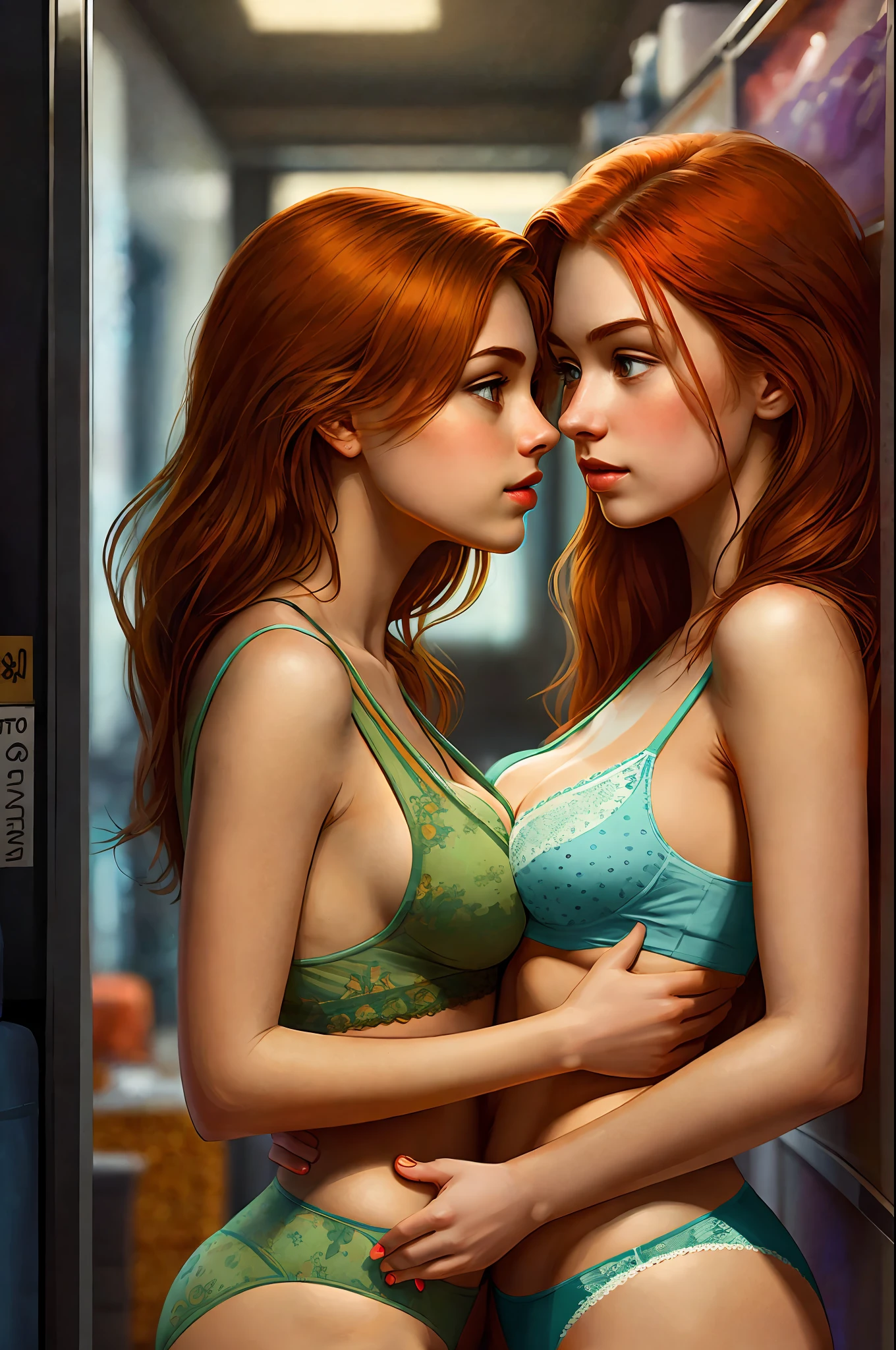 fantastic realism, bokeh, ultra detailed, 2girls facing each other, chest against chest, kiss, red head and blond girl, underwear, indoors, narrow storage room, detailed background,