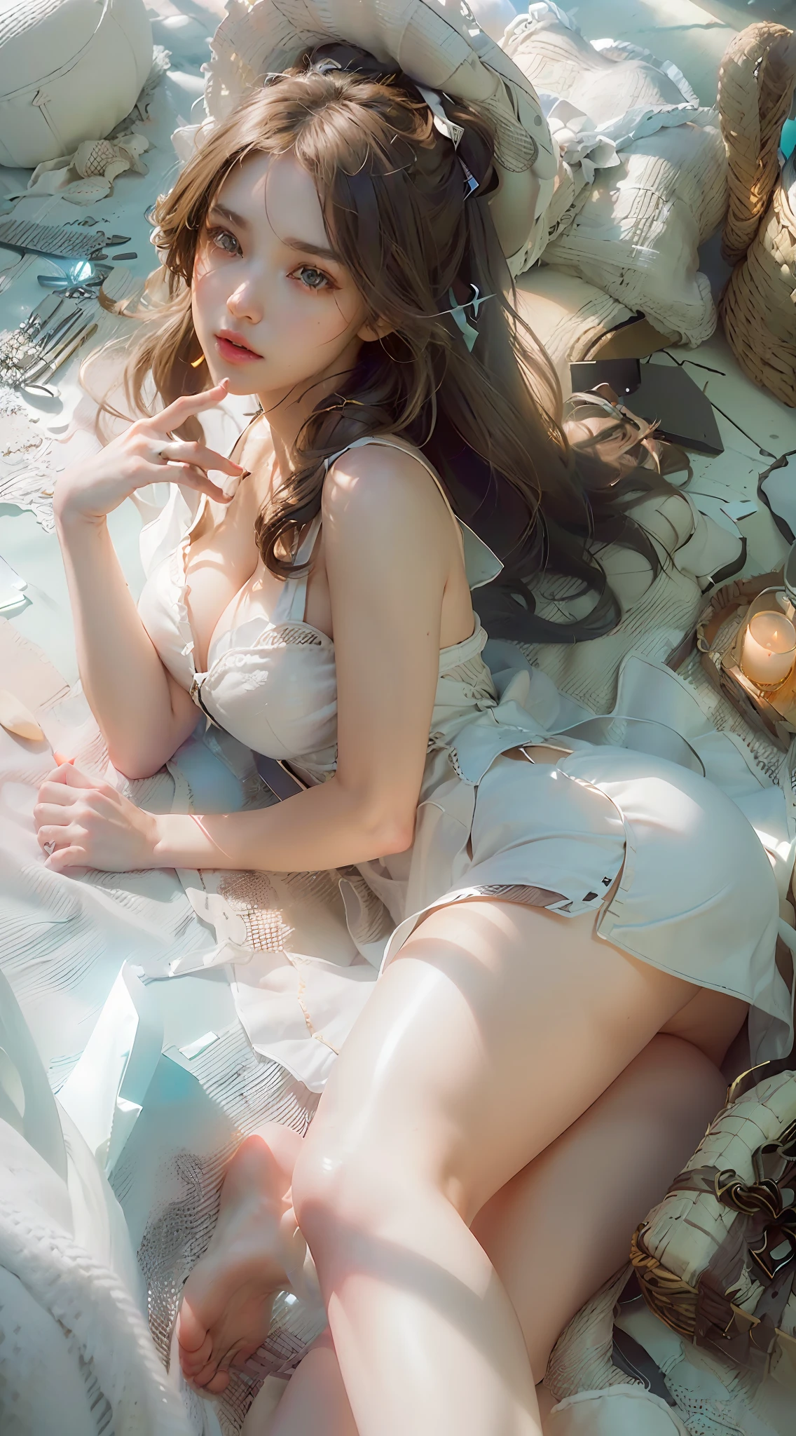 (Best Quality), ((Masterpiece), (Details: 1.4), 3D, (Light Brown Super Long Hair, Messy Hair: 1.9), (White Dress: 1.7), (Slippers: 1.8) (Black Pupil: 1.5), HDR (High Dynamic Range), Ray Tracing, NVIDIA RTX, Super-Resolution, Unreal 5, Subsurface Scattering, PBR Texture, Post Processing, Anisotropic Filtering, Depth of Field, Maximum sharpness and sharpness, multi-layer textures, albedo and highlight maps, surface shading, accurate simulation of light-material interactions, perfect proportions, Octane Render, two-color light, large aperture, low ISO, white balance, rule of thirds, 8K RAW,