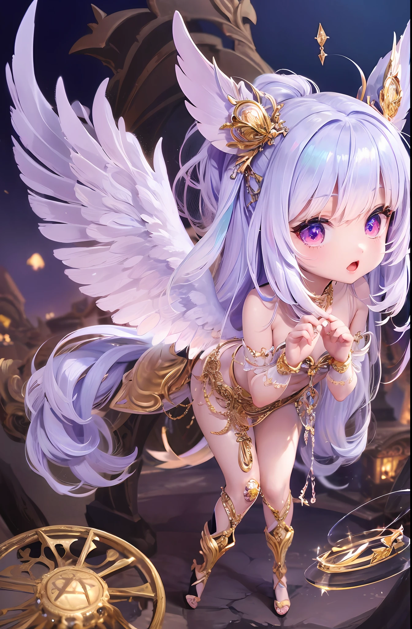 (Chibi: 1.3), (Masterpiece: 1.4), (Best Quality: 1.4), (Very cute angel girl, super detailed face, jewel-like eyes, white very long hair, colorful gradient hair: 1.4), (Angel Ring:
1.4), (Angel Wings: 1.4), (Full body, perfect 2 arms, perfect 2 legs: 1.4), (Perfect 4 fingers: 1 thumb), light, shine, bokeh, super fine