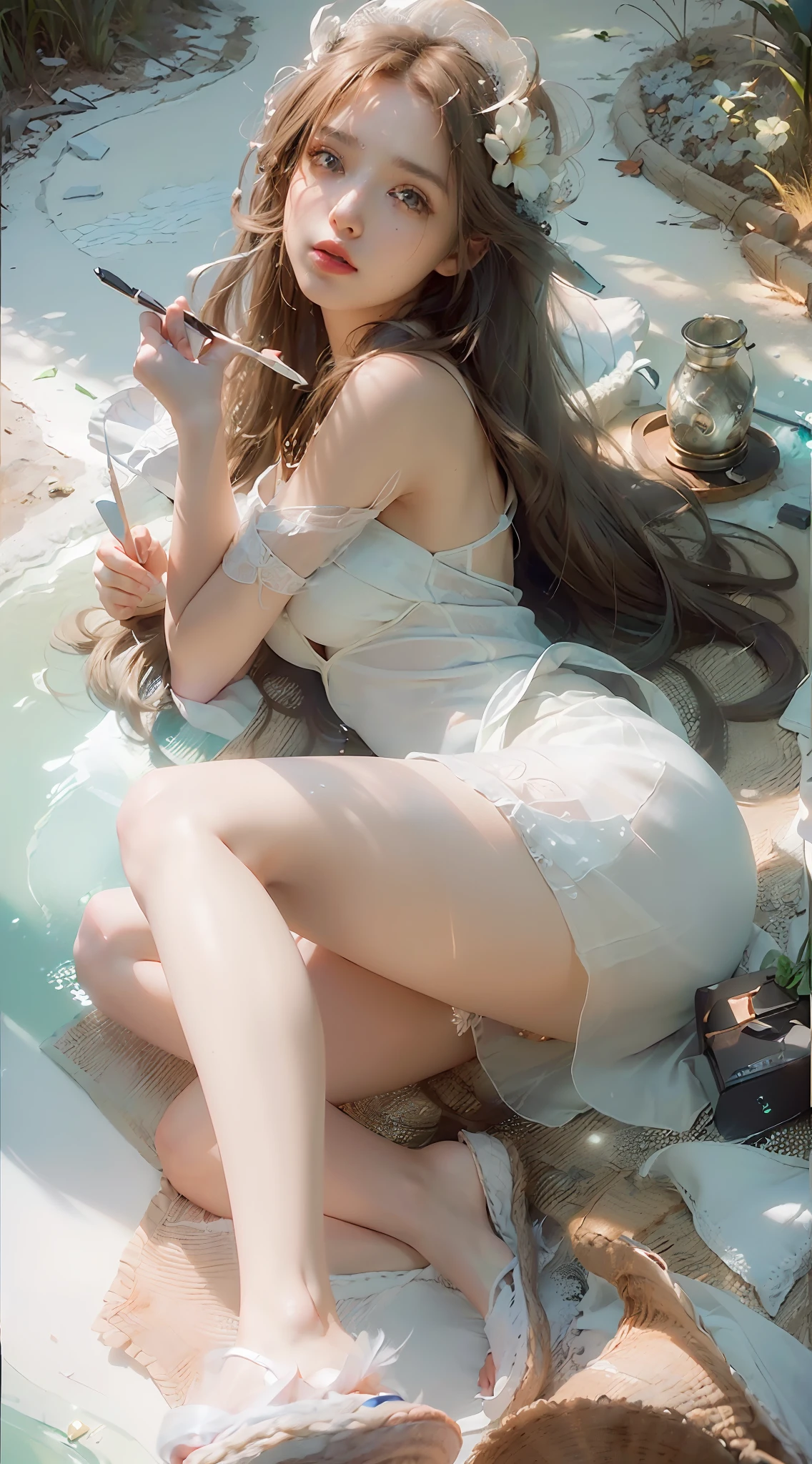 (Best Quality), ((Masterpiece), (Details: 1.4), 3D, (Light Brown Super Long Hair, Messy Hair: 1.9), (White Dress: 1.7), (Slippers: 1.8) (Black Pupil: 1.5), HDR (High Dynamic Range), Ray Tracing, NVIDIA RTX, Super-Resolution, Unreal 5, Subsurface Scattering, PBR Texture, Post Processing, Anisotropic Filtering, Depth of Field, Maximum sharpness and sharpness, multi-layer textures, albedo and highlight maps, surface shading, accurate simulation of light-material interactions, perfect proportions, Octane Render, two-color light, large aperture, low ISO, white balance, rule of thirds, 8K RAW,