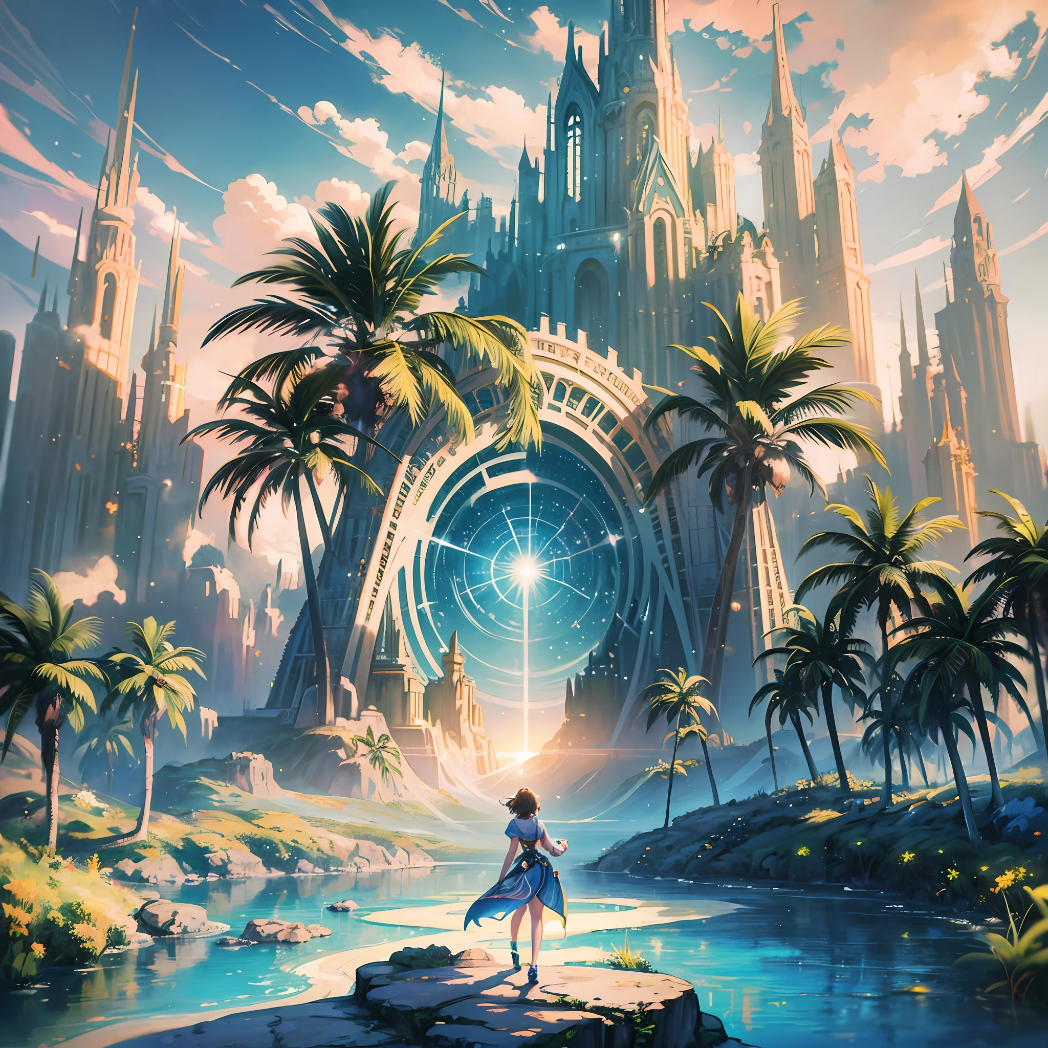 1 woman ((solo)) ((best quality)), ((masterpiece)), ((realistic drawing)), ((perfect character)) Dreamlike horizon, sparkling sky and radiant sun in the background, stylized palm trees, fusion creative blend of renaissance aesthetics and the Star Trek universe, soft pastel color palette, intricate fashion trajectories, highly detailed, surrealist flair, stunning digital painting by Affadi, inspiring concept art, sharp focus, breathtaking illustration, eye level , scenic, masterpiece --auto --s2