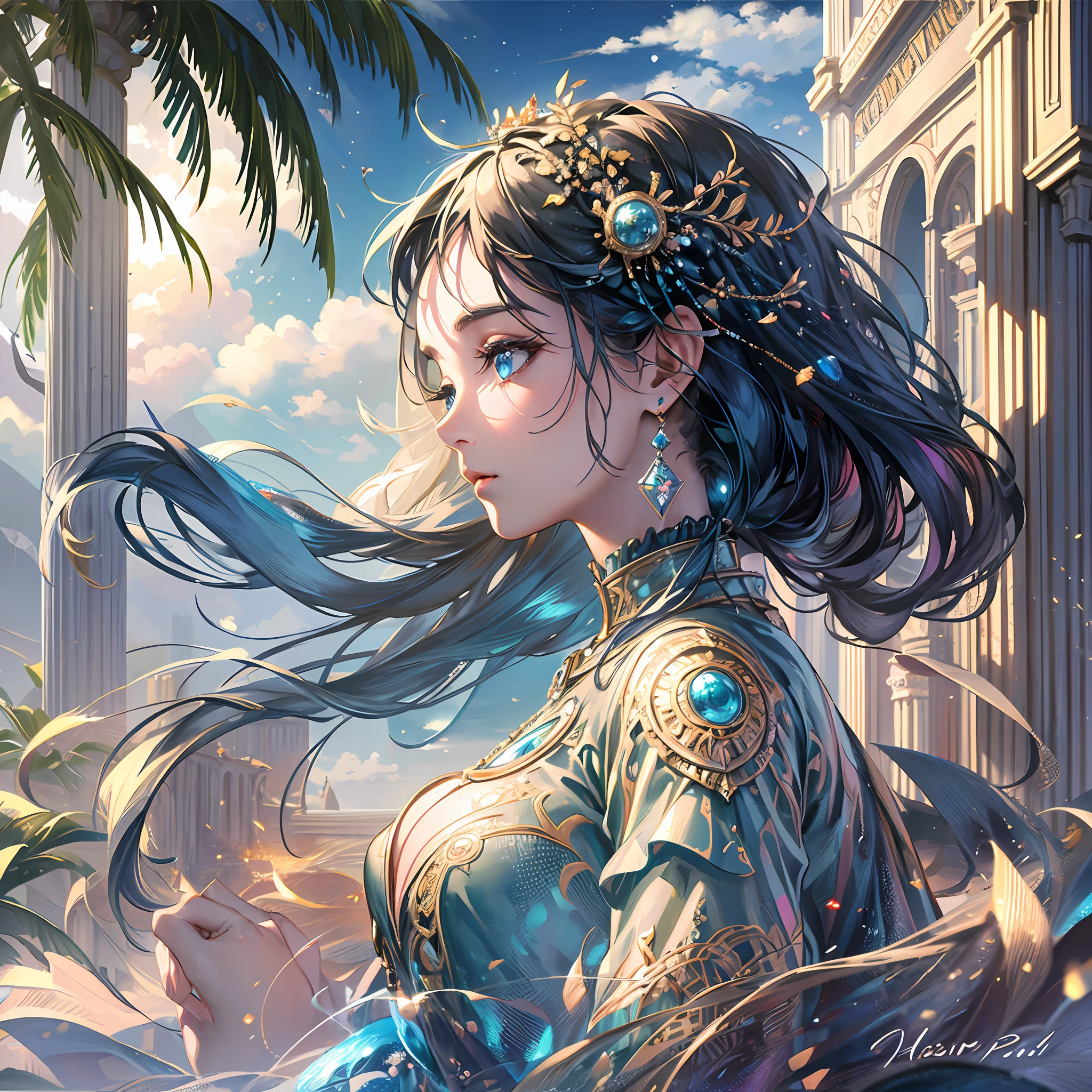 1 woman ((solo)) ((best quality)), ((masterpiece)), ((realistic drawing)), ((perfect character)) Dreamlike horizon, sparkling sky and radiant sun in the background, stylized palm trees, fusion creative blend of renaissance aesthetics and the Star Trek universe, soft pastel color palette, intricate fashion trajectories, highly detailed, surrealist flair, stunning digital painting by Affadi, inspiring concept art, sharp focus, breathtaking illustration, eye level , scenic, masterpiece --auto --s2