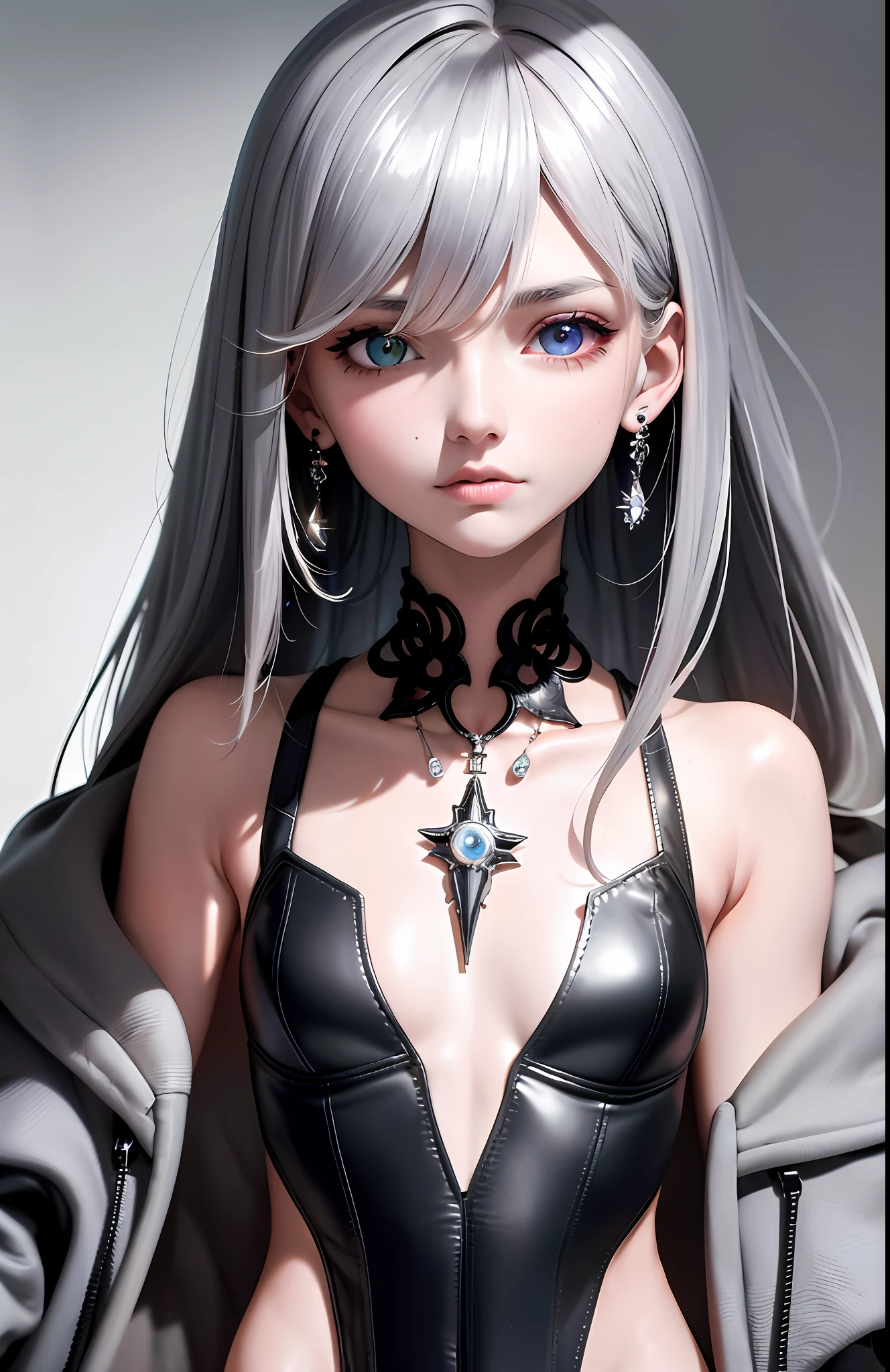 Best, Masterpiece, High Resolution, Best Quality, Ultra HD, Super Detail, Award-Awarded, 16k, (Upper Body), Beautiful Girl, Gray Hair, Hair Strands, ((Heterochromia)), Hanging Eye Corners, Fair Skin, (Small), (Slim Body), ((Short Jacket)), Stud Earrings, (Neck Rings), (Very, Very Short Gloves)