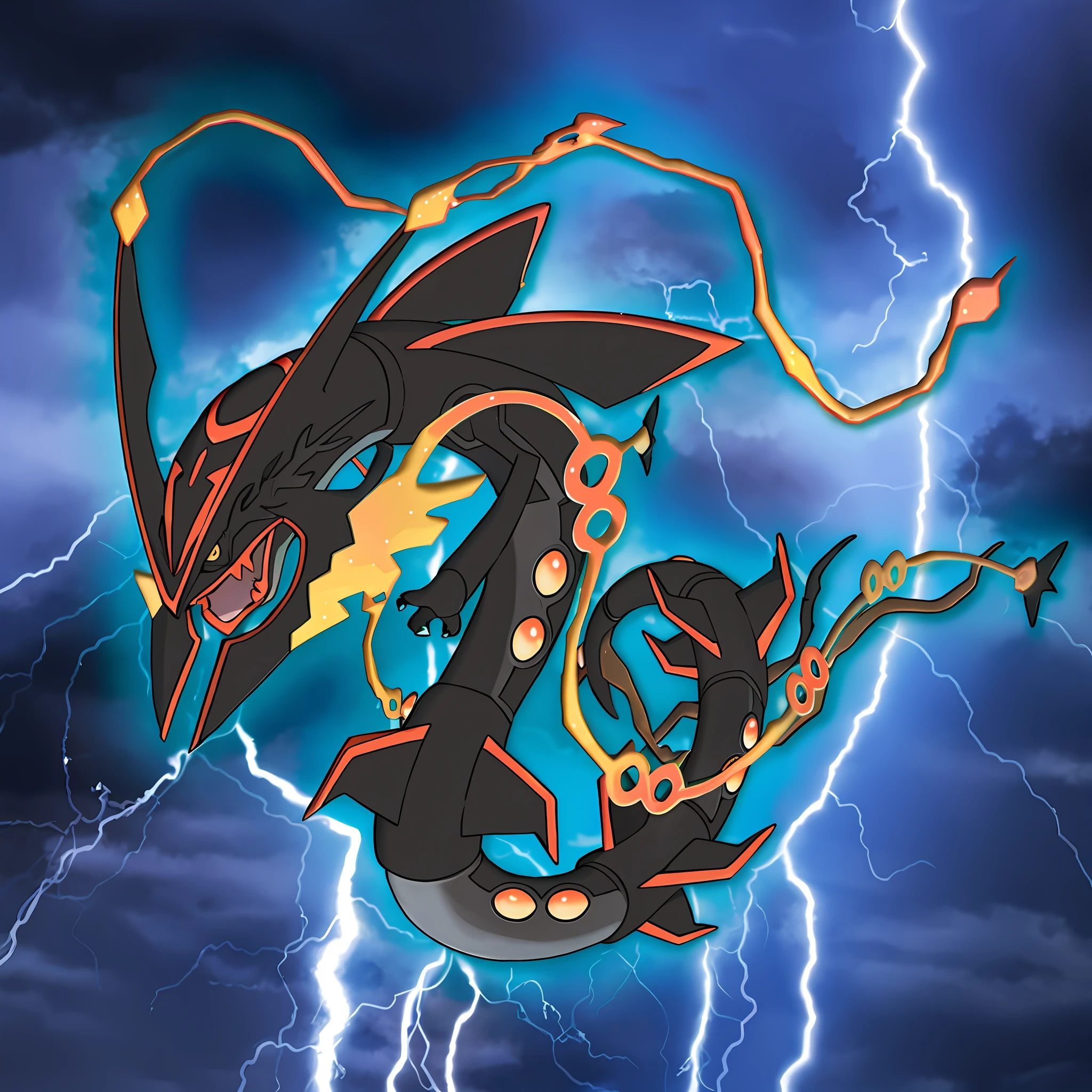 there is a very large black and orange dragon flying through the sky, giratina, hyperrealistic photo of rayquaza, menacing!!!, menacing!, fan art, storm dragon, official art, future!!, official artwork, lightning dragons attack, terrifying!!!, storm, molten, illustration pokemon, fantasy!!!, mega legendary, hq artwork, very intense --auto --s2
