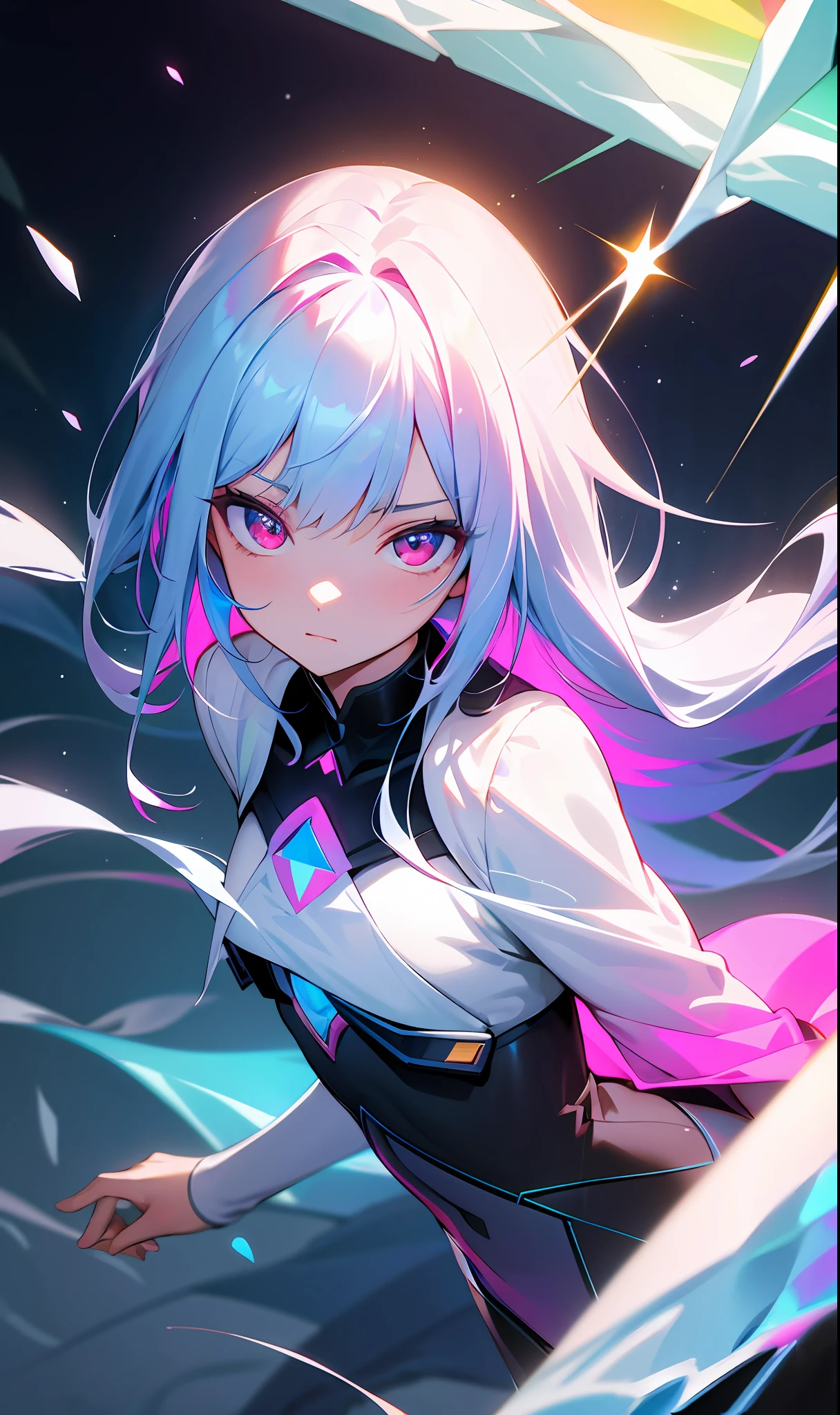 (Fine, Clear Image, Super Resolution, Extremely Amazing Detail, Awesome Detail), Subsurface Scattering, Masterpiece, Best Quality, High Quality, 1girl, Solo, Bust, Prism Eye, Prism Hair, Prism, Serious, [Silver|White] + (Blue: -0.3) Hair, Blue + Red Eyes, Gradient Eyes, Multicolored Eyes, Calm, Small Tits, Student Uniform, Glow, Glow Eyes, Glowing White Particles, Glitter, Bloom, Fantasy, Cave