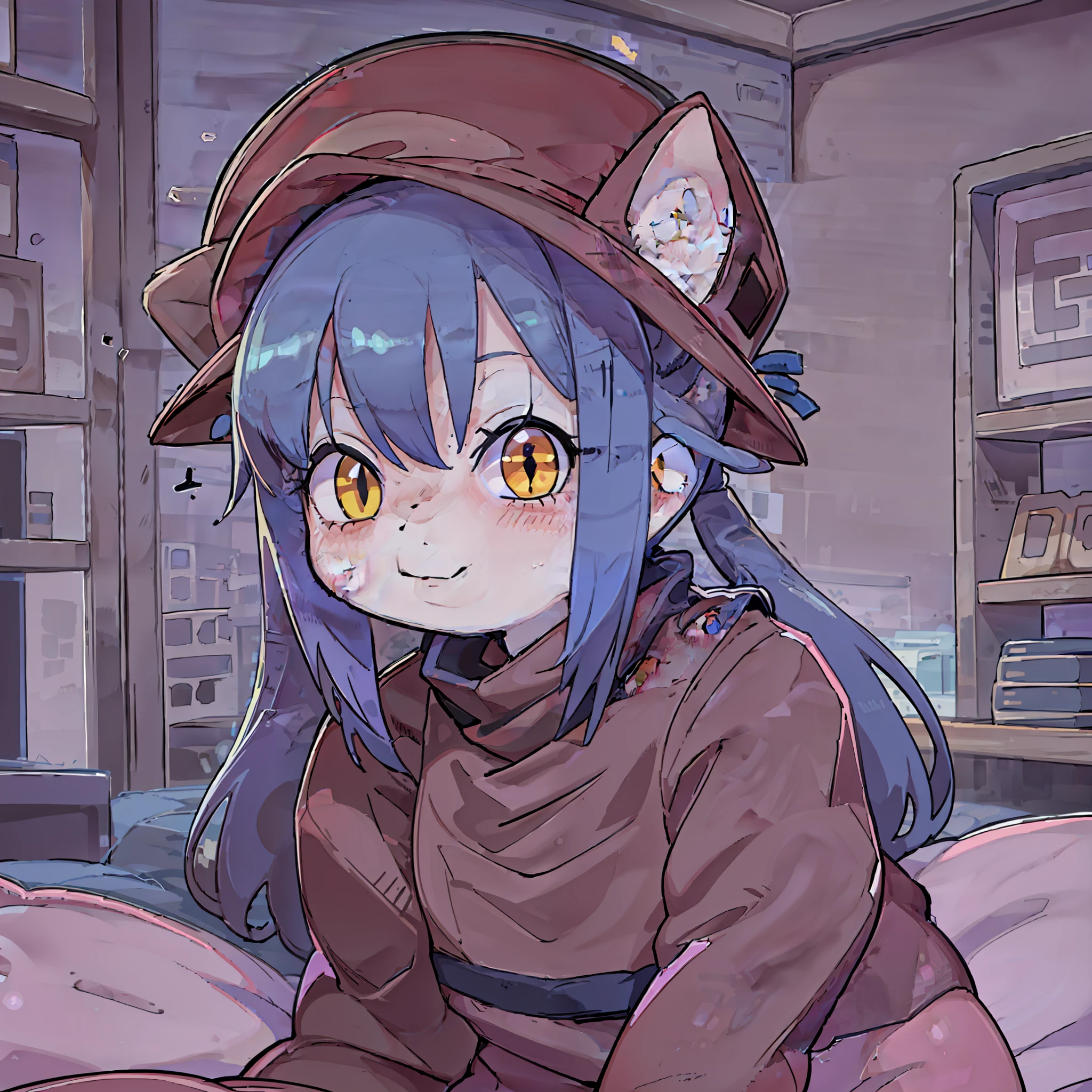 art by dagasi, doggy style front view, art by dagasi, 1girl, niko, hat, red hat, yellow eyes, blue hair, blush, blushed face, happy face, 4K, blushed face, (((Best quality, Masterpiece))), detailed, ultra detailed, looking at viewer, light skin tone, ultra high res, sfw, bedroom, on bed, indoors background, best anatomy, good anatomy, extremly blushed, red face, highest resolution, very good quality, front view, 1boy behind girl