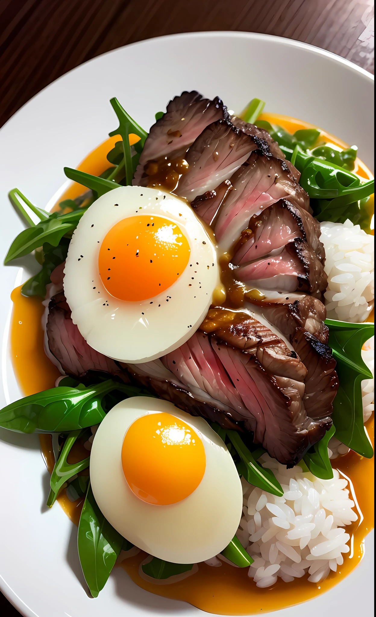 ultra detailed 8k cg, Wellington steak, baby arugula, white rice, scallops, small potatoes, green smell, egg, steam