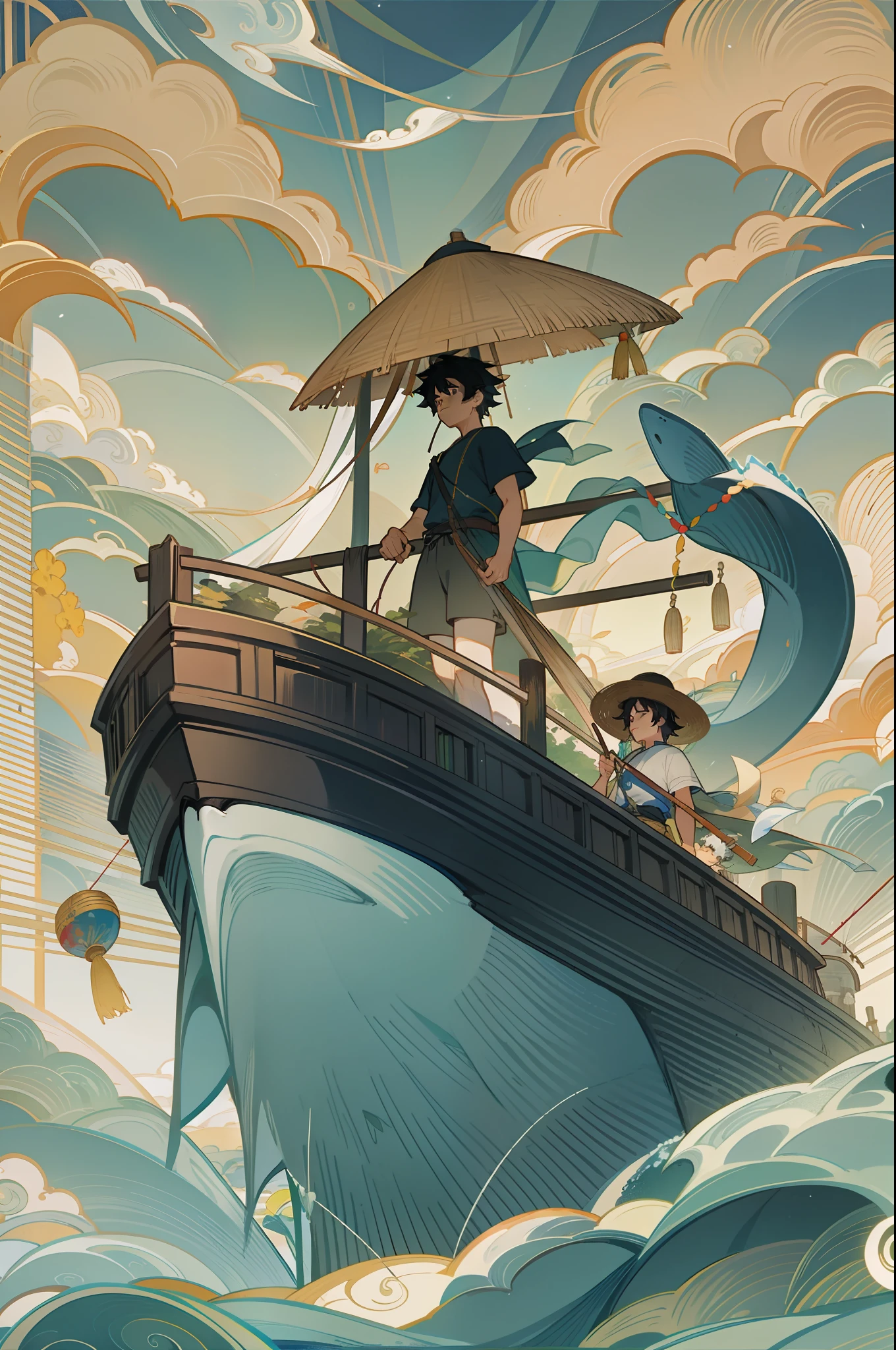 The black-haired male pupil, a little boy, short-sleeved shorts, wearing a long cape, a straw hat with two streamers and countless wind chimes, and a green flute sits on the back of a huge whale made of water, leading more fish behind him