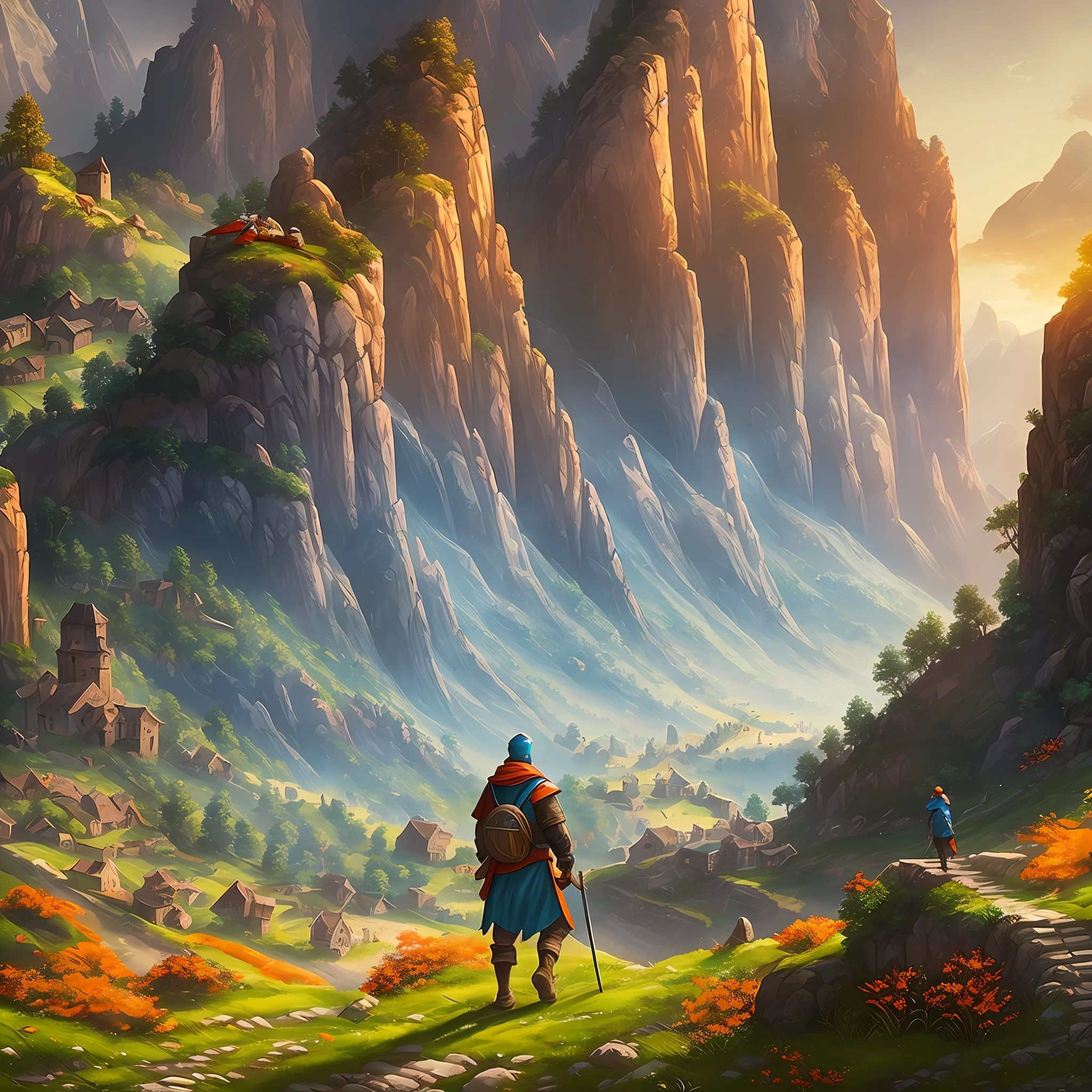 (masterpiece, high quality), mountainous landscape in ultra-detapped pixels, young man walking in a medieval scene, background with orange, light green, red and light blue tones, silhouette in the foreground with highlight, dramatic lighting and well-defined shadows. --auto --s2