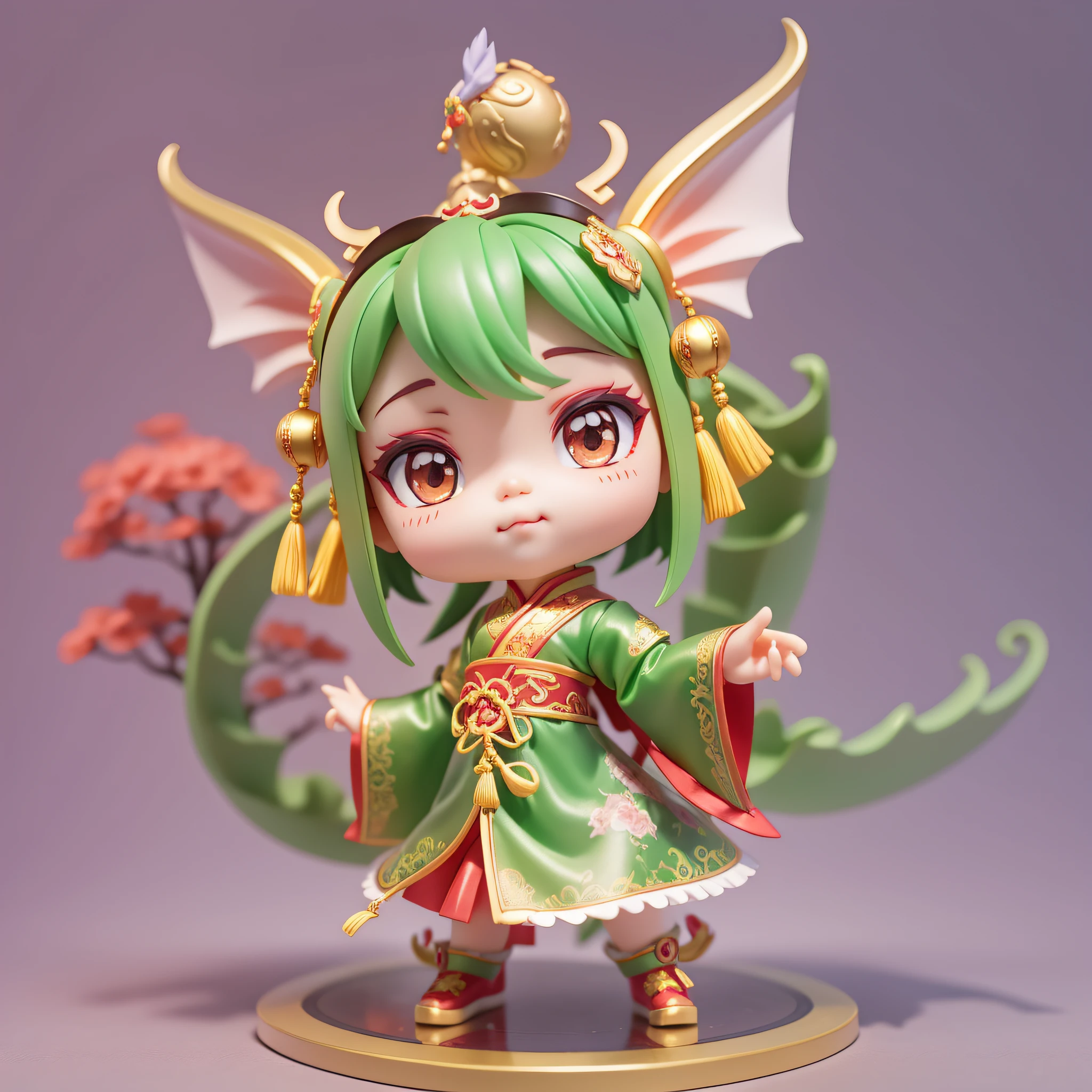 Surrounded by elements of the birthday dragon, teenager in traditional Chinese costume, cute 3D rendering, vinyl toy figurine 3D rendering stylized dragon