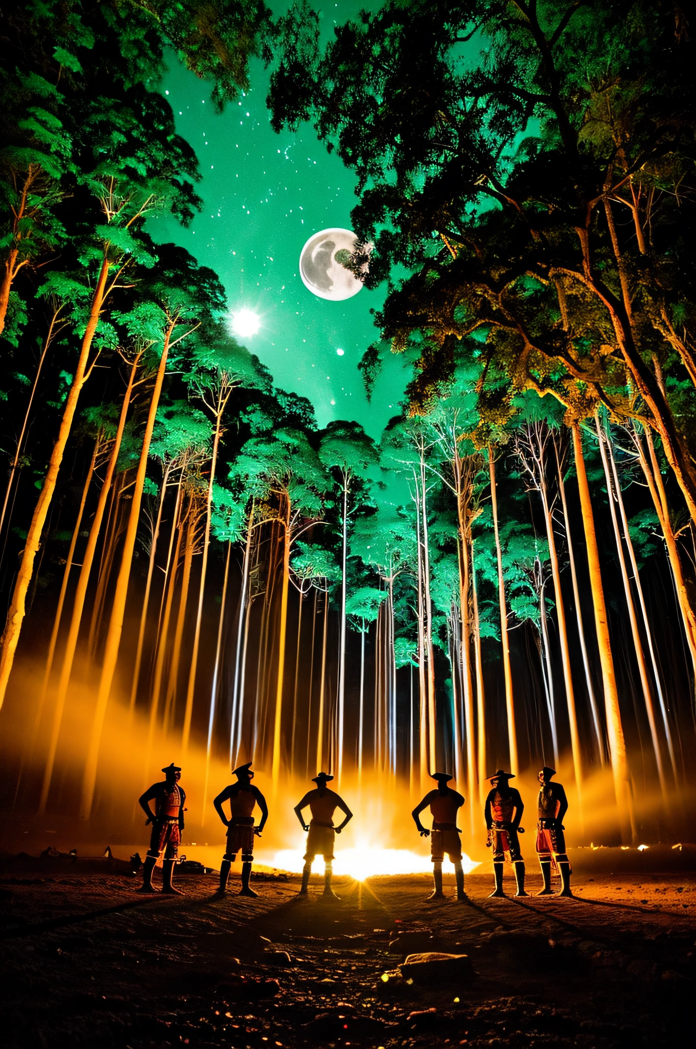 Indigenous warriors are positioned in a circle amidst the Amazon rainforest illuminated by the full moon Their keen eyes probe the horizon, warning of any approaching threat