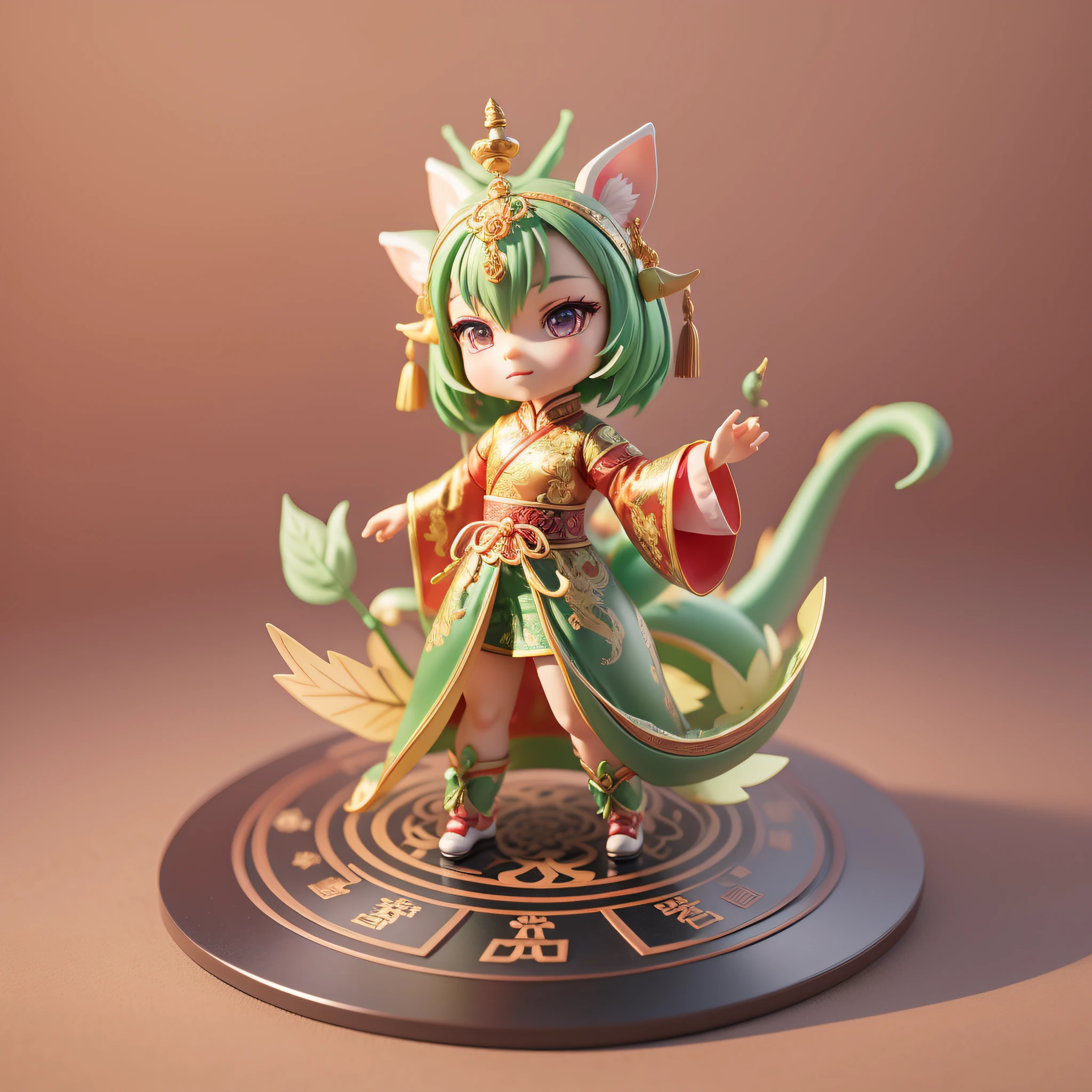 Surrounded by elements of the birthday dragon, ager in traditional Chinese costume, cute 3D rendering, vinyl toy figurine 3D rendering stylized dragon