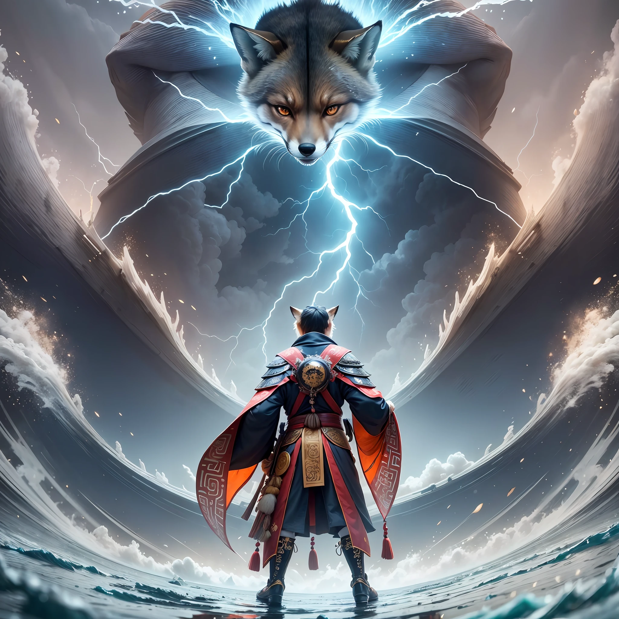 (Men: 0.5), Ancient Chinese Costume, Facing Camera with Your Back to the Camera, (Standing in front of a Giant Fox), Fighting Stance, (Fox: 2.2) ((Oppression)) Giant Waves, Ice, Fire, Wind, Smoke, Lightning and Thunder, Magician, Panorama, (Low Angle), Impact Image, 3D, Dynamic Expression, Cinematic Shock, Cinematic Multi-angle Lighting, 16K, Rich Detail, HDR, Leica Film Camera Color Style --No Text ---S 800 --ar 3:4 --auto --s2