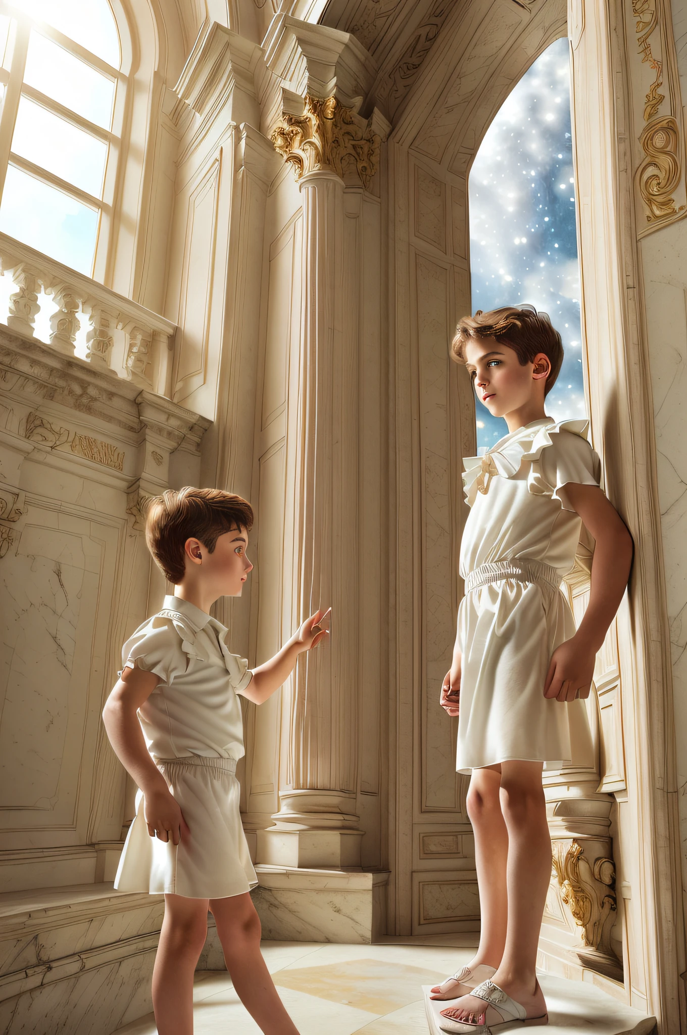 RAW, Masterpiece, Ultra Fine Photo, Best Quality, Ultra High Resolution, Photorealistic Photorealism, Sunlight, Full Body Portrait, Amazing Beauty, Dynamic Pose, Delicate Face, Vibrant Eyes, (View from the Side), Delicate Face, Marble Walls, A Boy in a White Dress in a Baroque Library with Painted Roof, Incredible Details, Starry Sky, Boy, Man