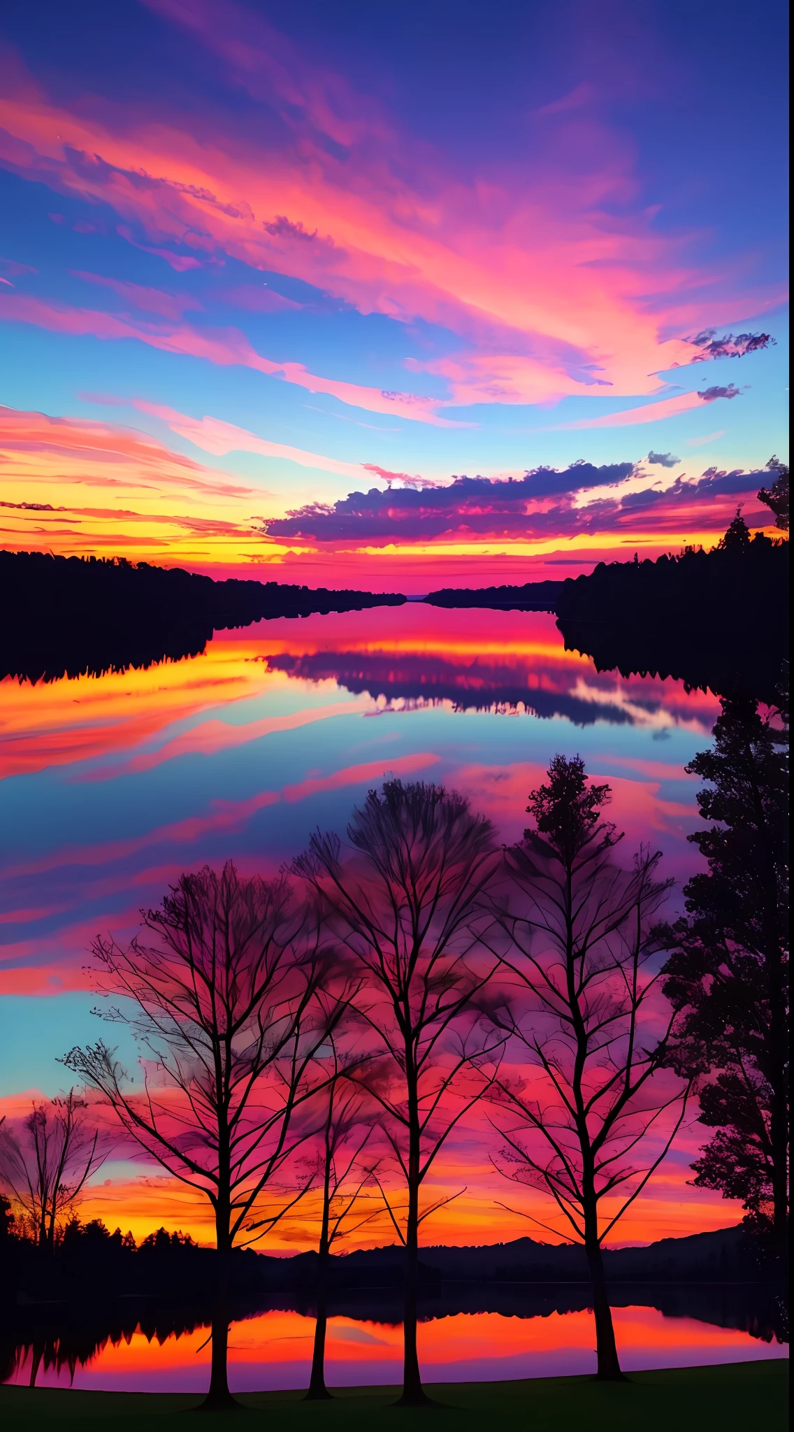 there is a beautiful sunset with a lake and trees in the background, colorful skies, surreal colors, colorful sunset, colorful sky, marvellous reflection of the sky, stunning sky, dream like atmosphere 8k, colorful clouds, colors reflecting on lake, surreal sky, red and blue reflections, fire reflection, beautiful sky, beautiful and spectacular dusk, beautiful dreamy landscape, amazing sky