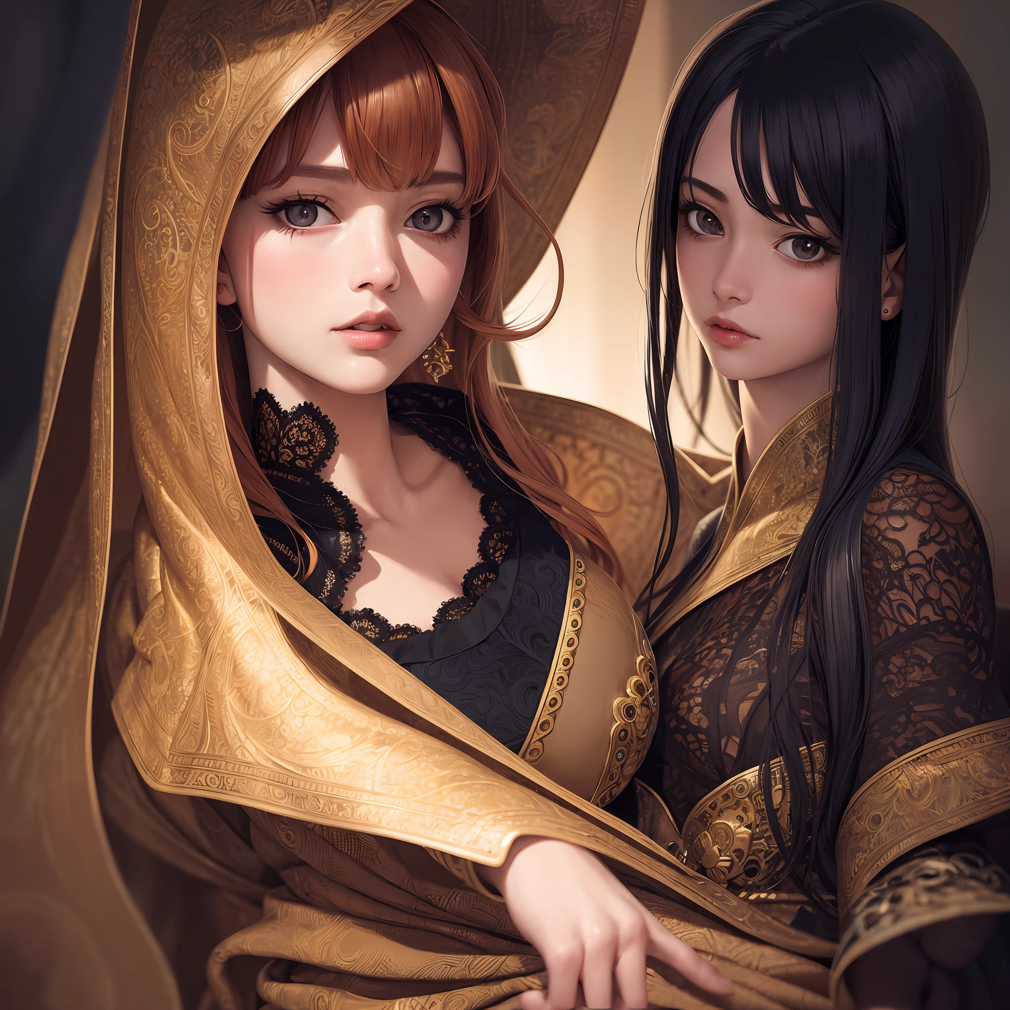 (masterpiece),(best quality:1.0), (ultra highres:1.0), detailed illustration, portrait, detailed, girls, detailed beautiful skin, face focus,dim light,grim theme,small waist