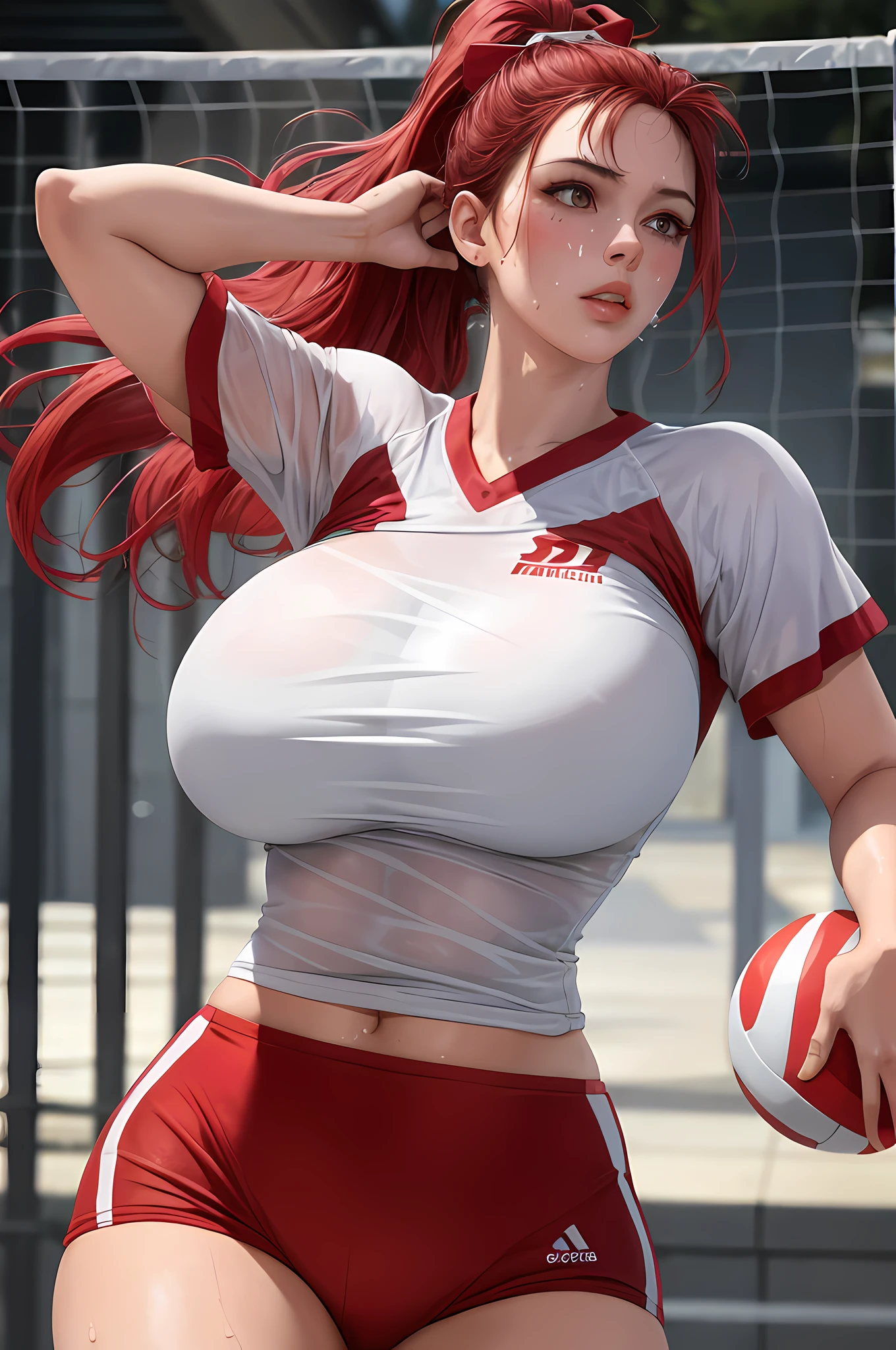 masterpiece:1.2, best quality), realistic, (real picture, intricate details, depth of field), (1girl, solo), make up, parted lips, highly-detailed, perfect face, (huge breasts:1.4), (skindentation), thick thighs, wide hips, small waist, tall, glossy coral lips, red hairs, red eyes, ponytail, (A girl playing volleyball, white volleyball uniform), (sweating:1.2), (wet), sexy, blushing,
