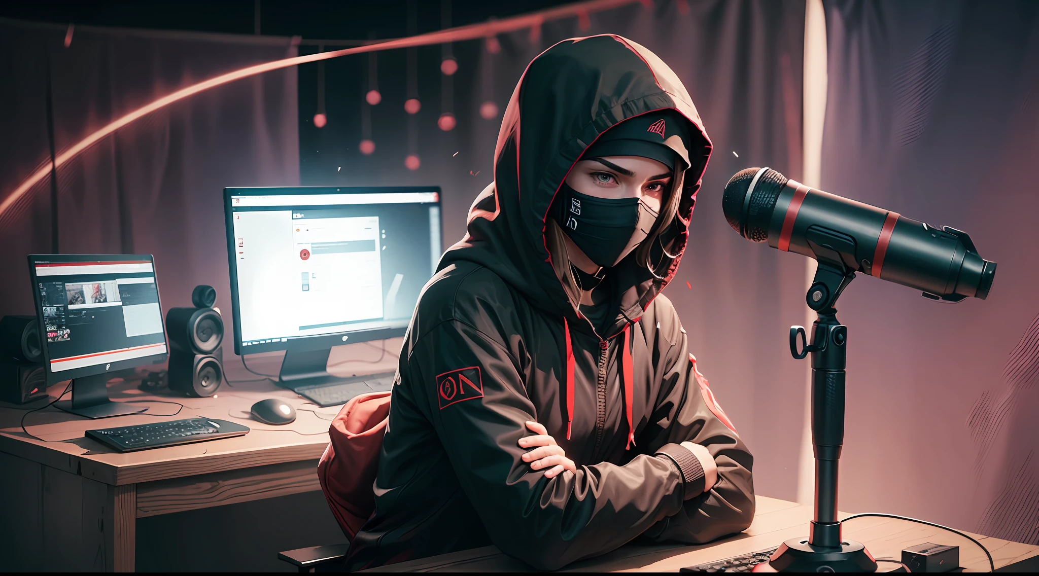 Banner,a hooded ninja with headset, facing camera, with a table in front of it a microphone and electronic equipment, dark theme red and dark colors