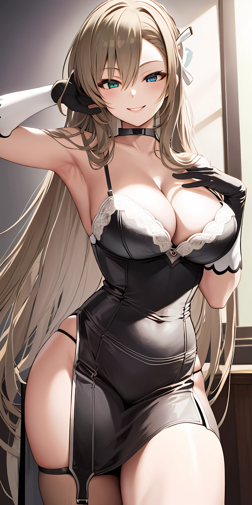 1girl, solo, asuna, long hair, large breasts, cleavage, thighs, (lingerie, gloves), erotic pose, smiling, detailed hands