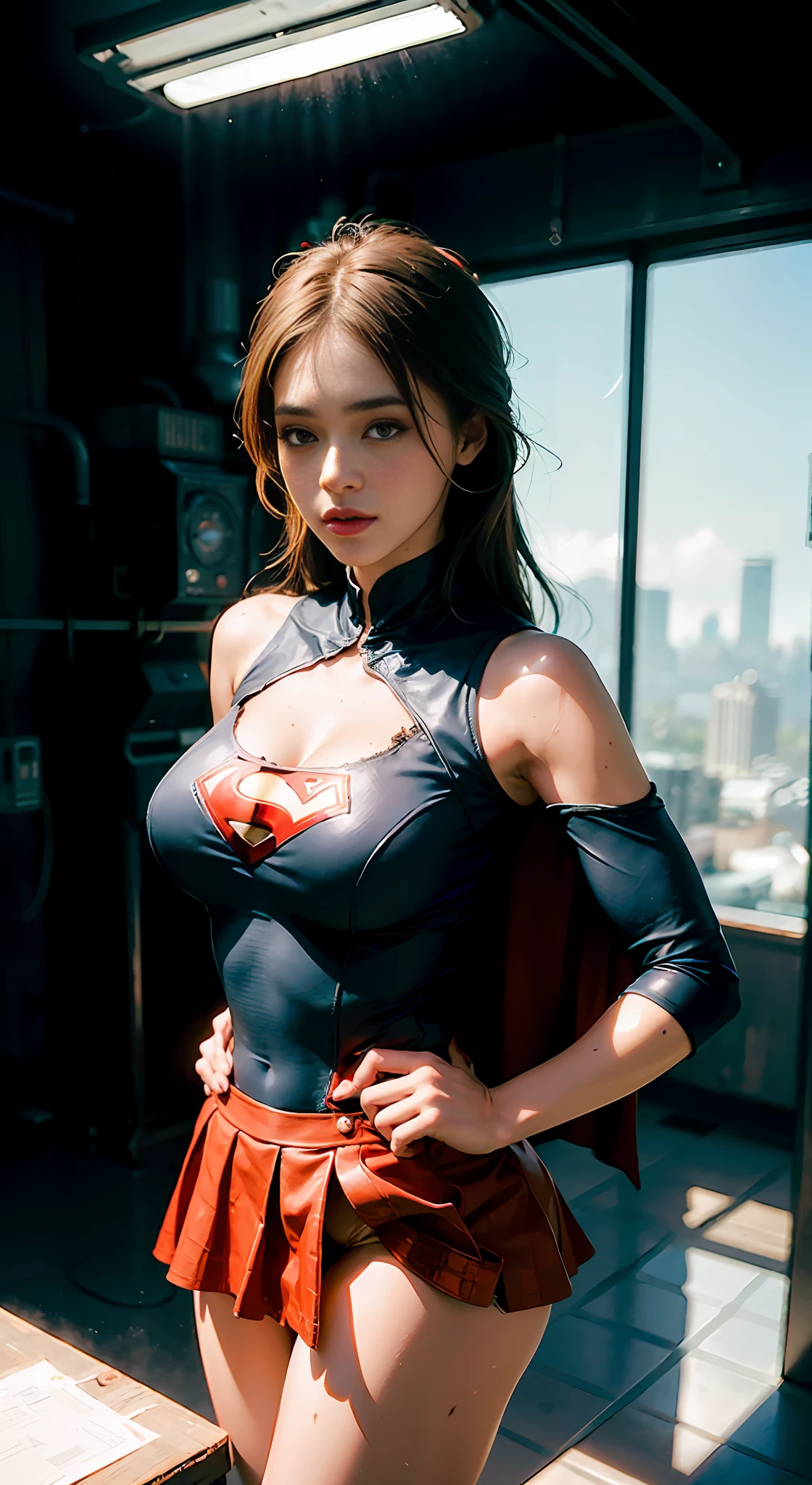 (1girl:1.3), solo, __body-parts__, official art, unified 8k wallpaper, super detailed, beautiful and beautiful, beautiful, masterpiece, best quality, raw, masterpiece, super fine photo, best quality, super high resolution, photorealistic realism, sunlight, full body portrait, amazing beauty, dynamic pose, delicate face, vibrant eyes, (seen from the front), she wears a full body superman suit, full suit, (red short skirt), blue-black top, Red cape, Superman, a capital letter on chest, very detailed abandoned warehouse background, detailed face, detailed complex busy background, messy, gorgeous, milky white, highly detailed skin, realistic skin details, visible pores, sharp focus, volumetric fog, 8k uhd, DSLR, high quality, film grain, fair skin, photo realism, lomography, huge metropolis in future dystopia,