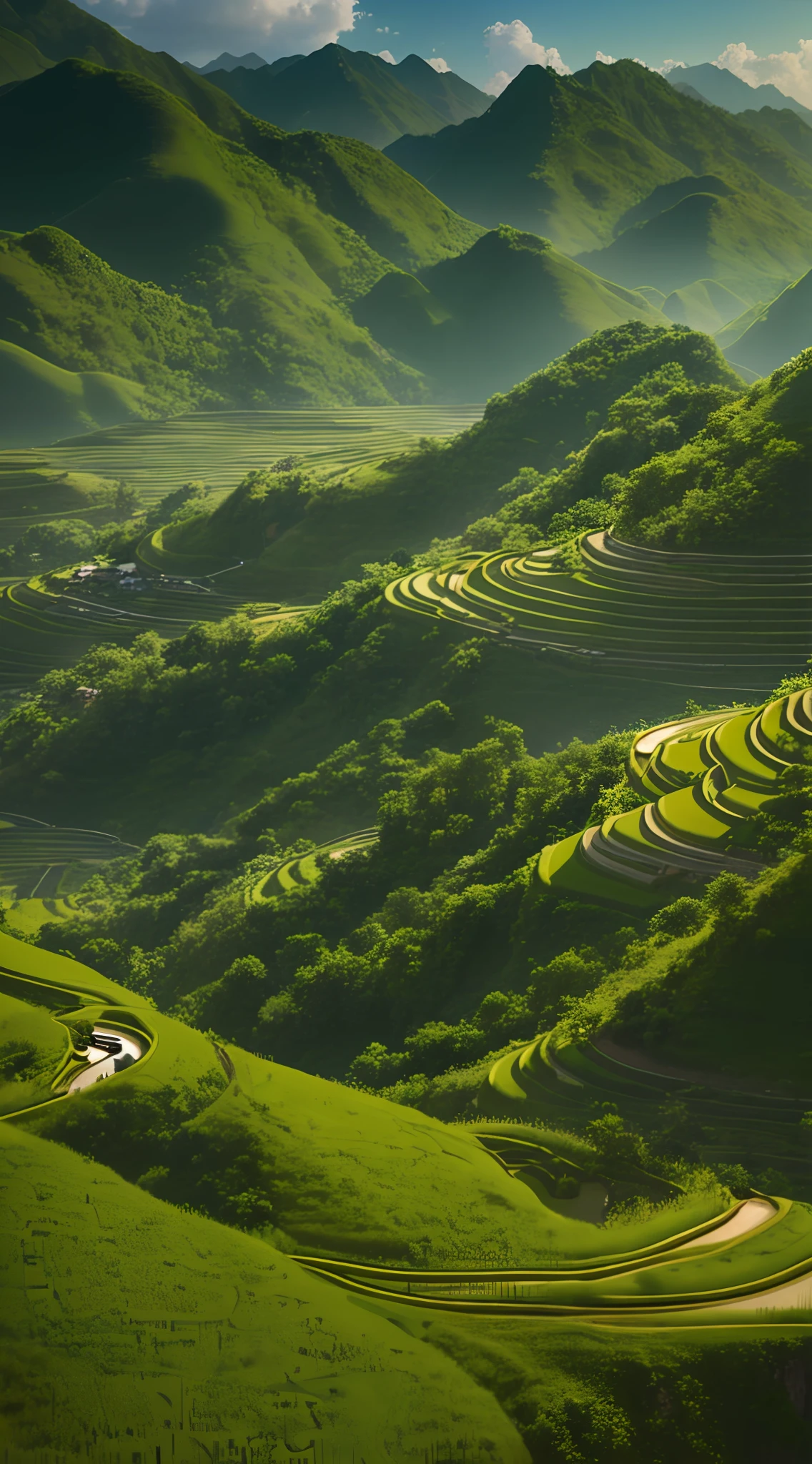 A winding landscape of Aalfid between valleys, with mountains and grassy spiral mountains in the background, and rice paddies between fields. The futuristic valley has rolling green hills and terraced orchards, as well as beautiful landscapes of lights and nature. Asian flair and tranquil scenery make up stunning mountain views.