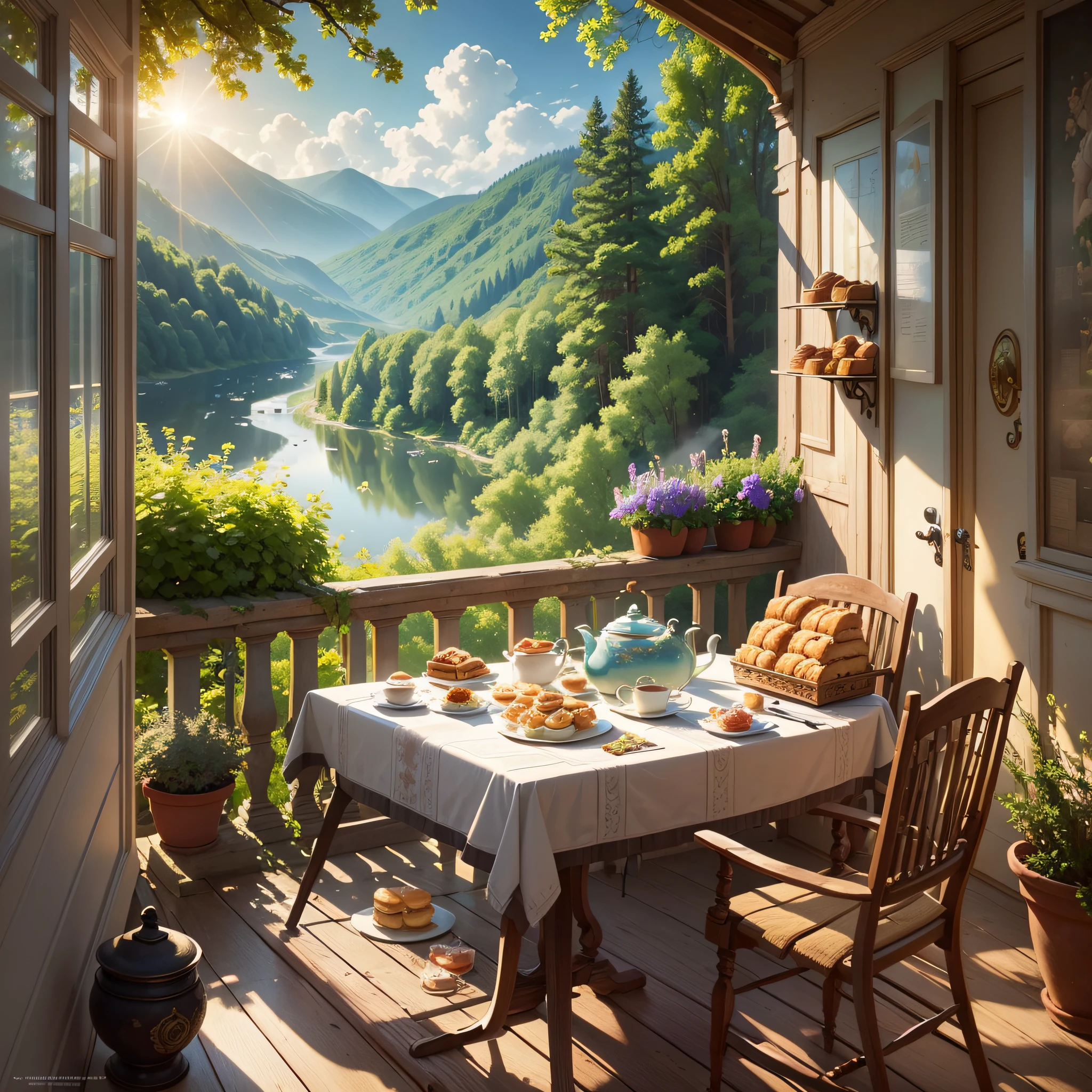 Masterpiece, HD, a poster with a vegetarian theme, with pastries and tea, cutlery, family, early summer, water drops, sunshine, clear sky, incense burner, --auto --s2