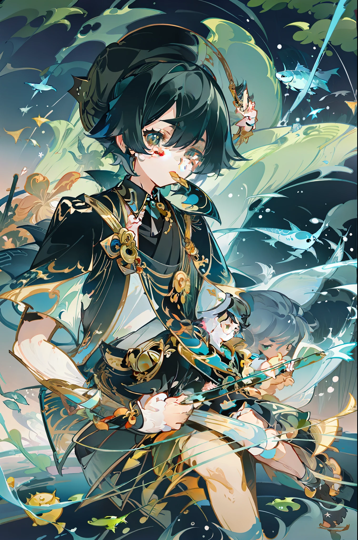 Black-haired male pupils, **********, short-sleeved shorts, wearing a long cape, a straw hat with two streamers and countless wind chimes, playing a green flute sitting on the back of a huge whale composed of water, leading more fish behind him, the picture is beautiful and the picture is dreamy